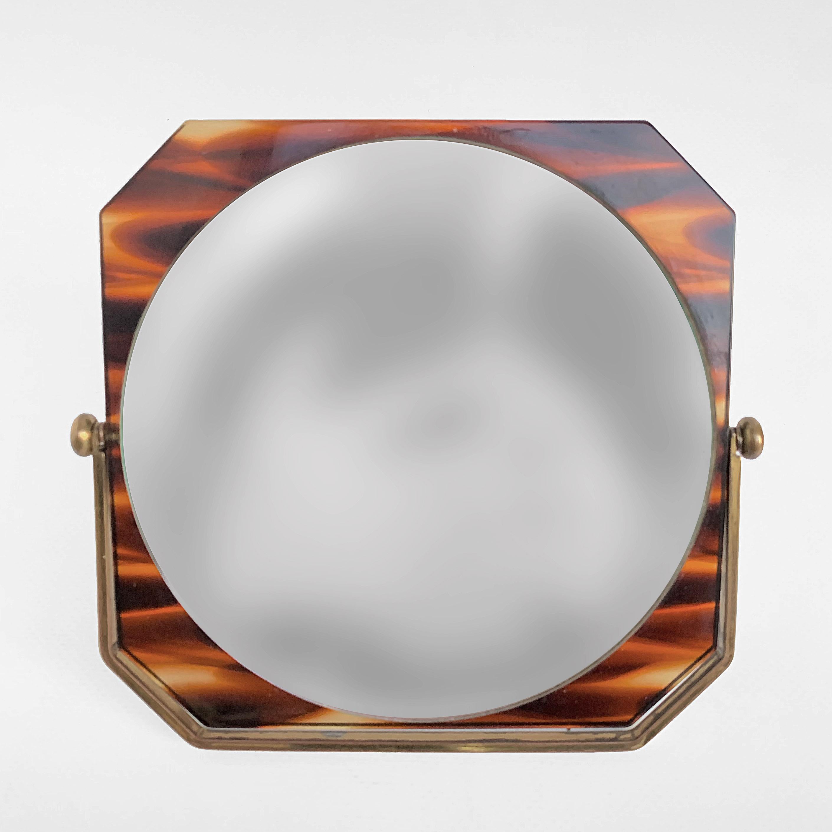 Italian Table Mirror, Brass and Tortoise Plexiglass, Double-Sided Vanity, Italy 1970s For Sale