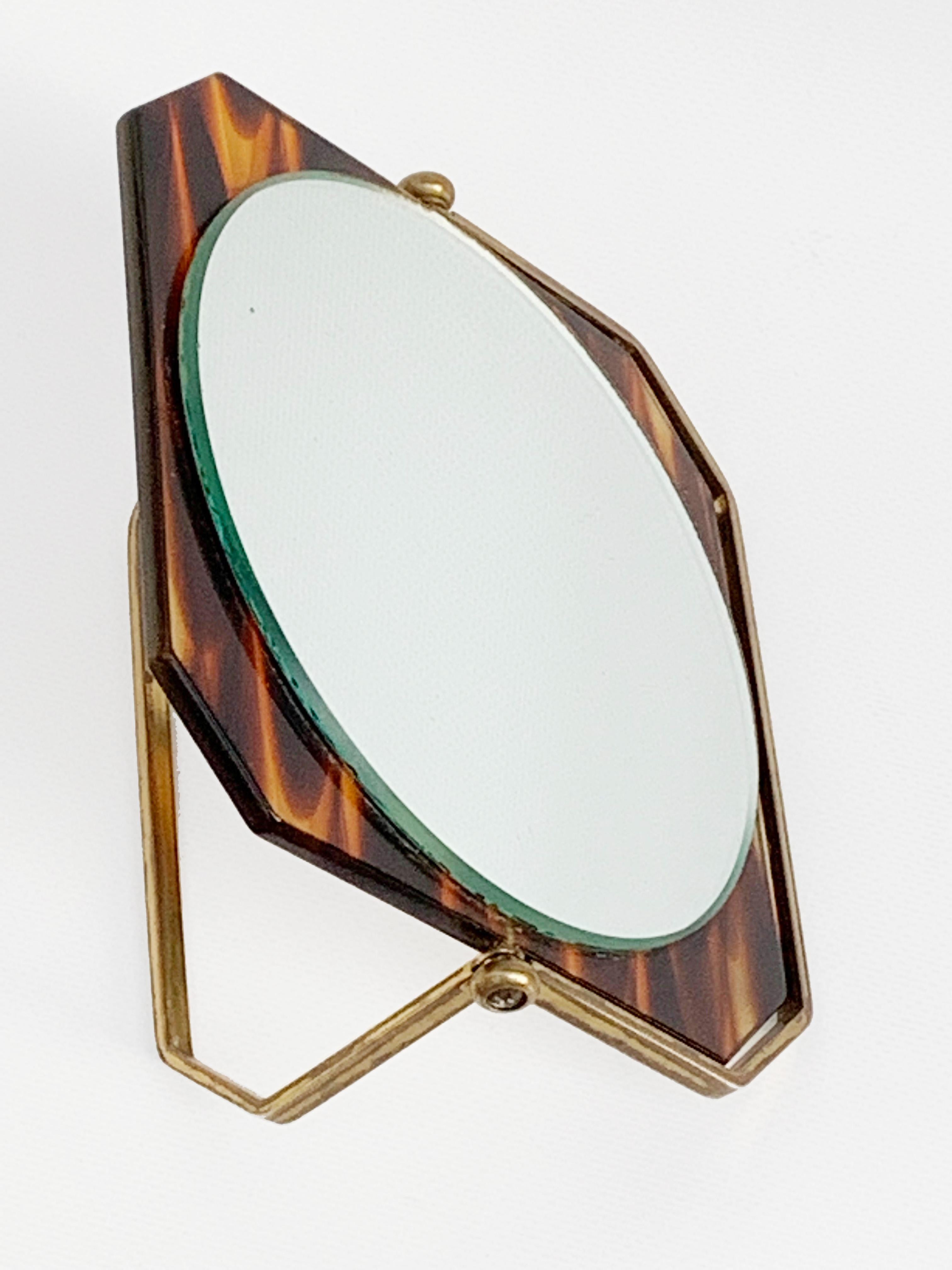 Table Mirror, Brass and Tortoise Plexiglass, Double-Sided Vanity, Italy 1970s For Sale 1