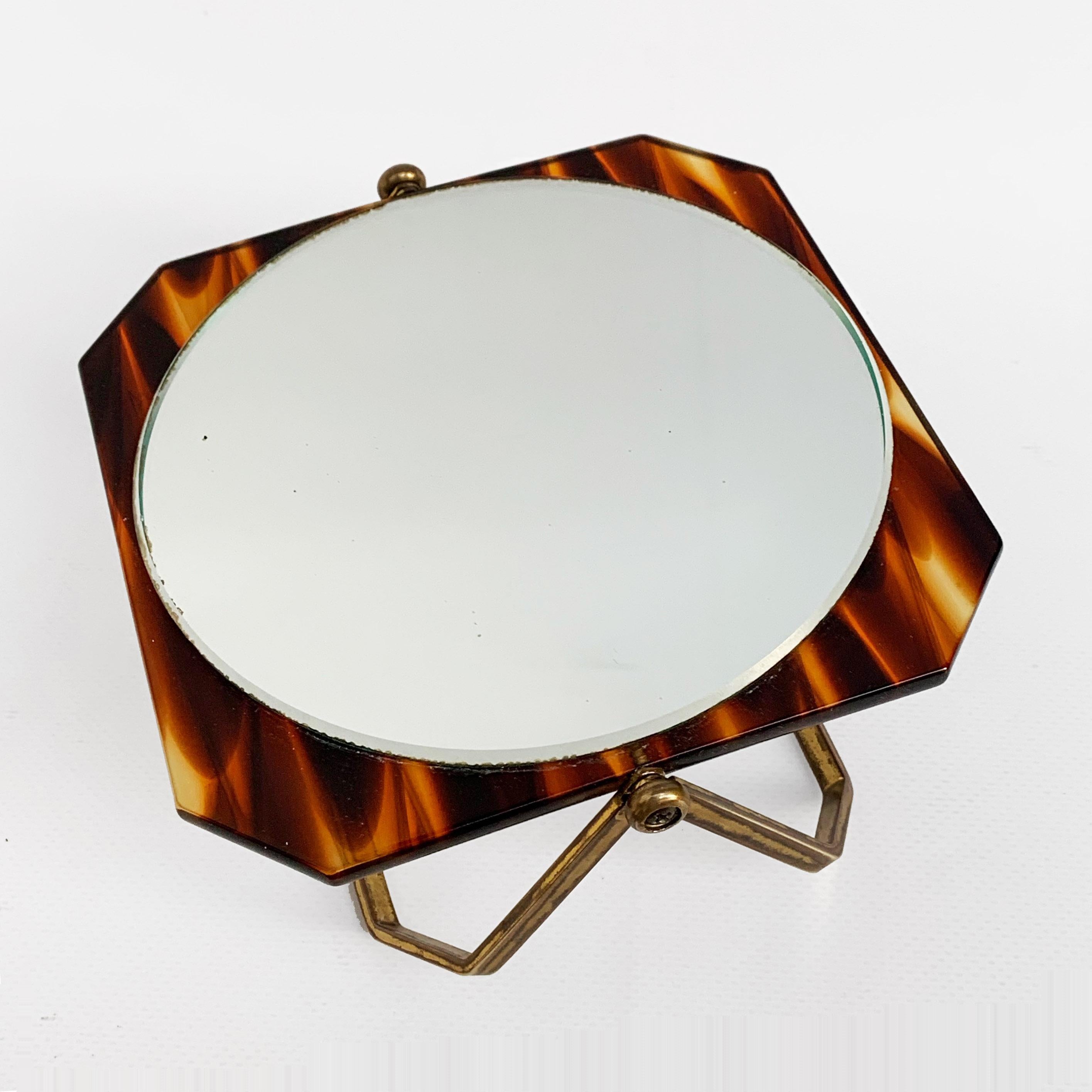Table Mirror, Brass and Tortoise Plexiglass, Double-Sided Vanity, Italy 1970s For Sale 2