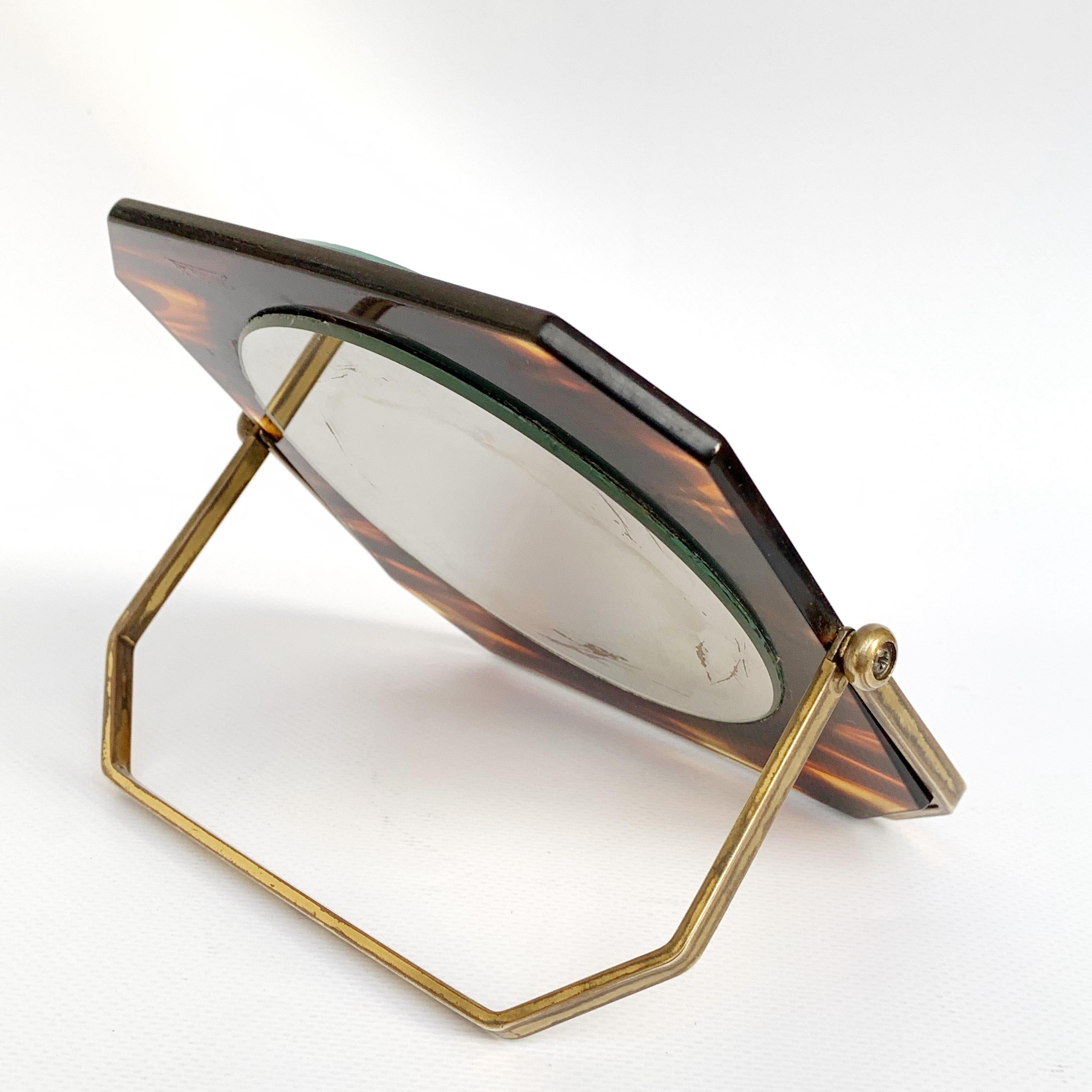 Table Mirror, Brass and Tortoise Plexiglass, Double-Sided Vanity, Italy 1970s For Sale 3