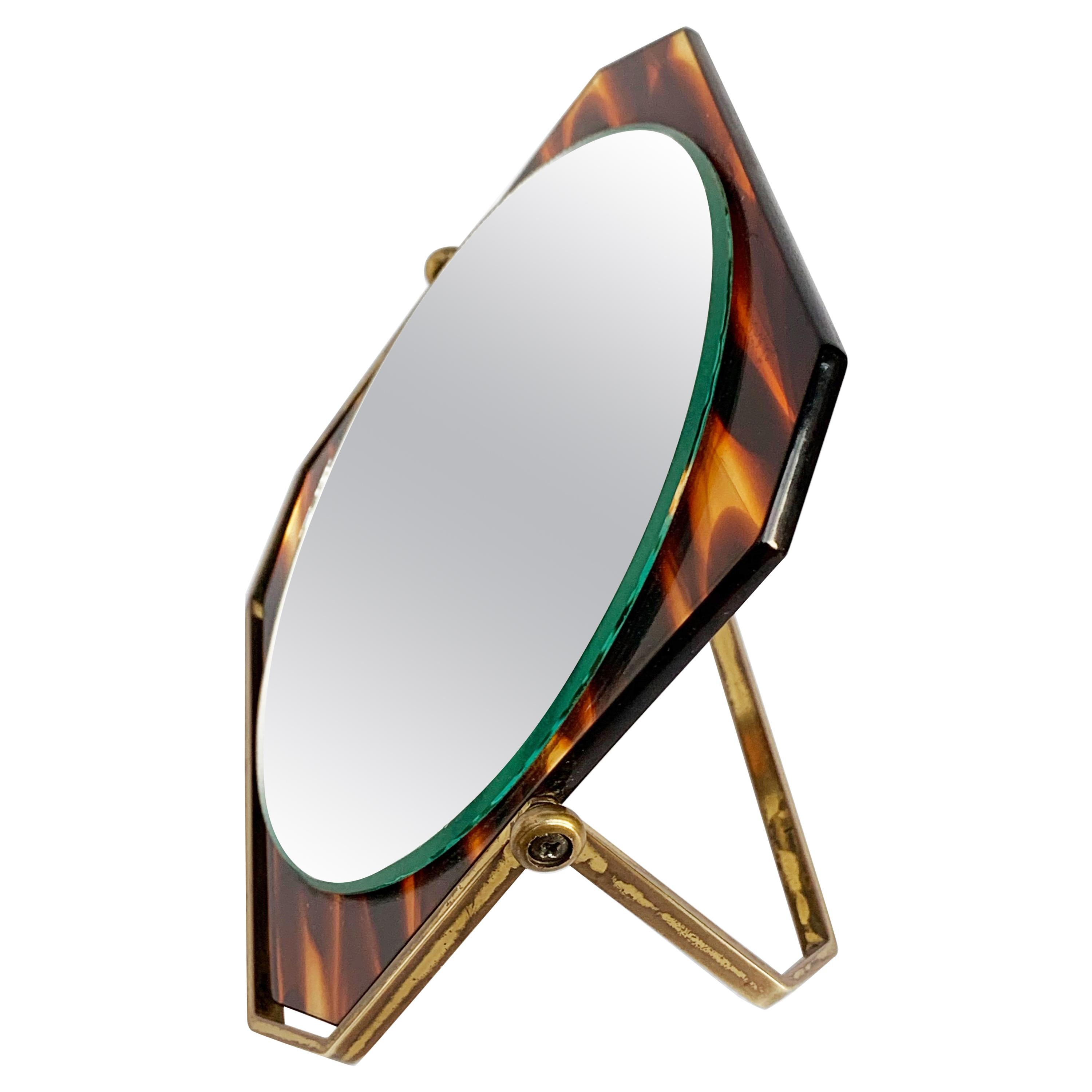 Table Mirror, Brass and Tortoise Plexiglass, Double-Sided Vanity, Italy 1970s