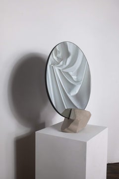 Table Mirror – Hand-carved Limestone Pedestal w/ Circular Mirror