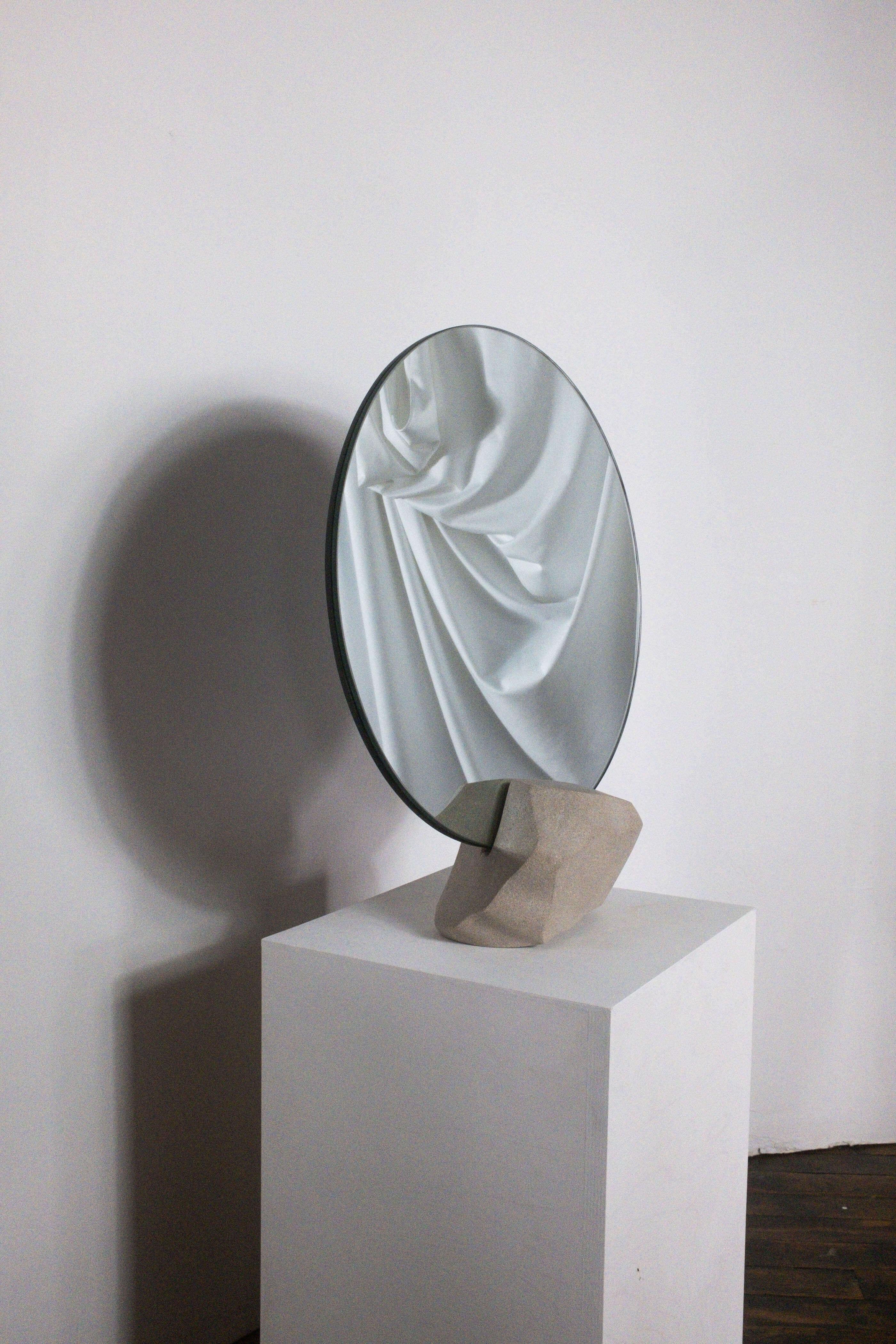 Modern Table Mirror – Hand-carved Limestone Pedestal w/ Circular Mirror For Sale