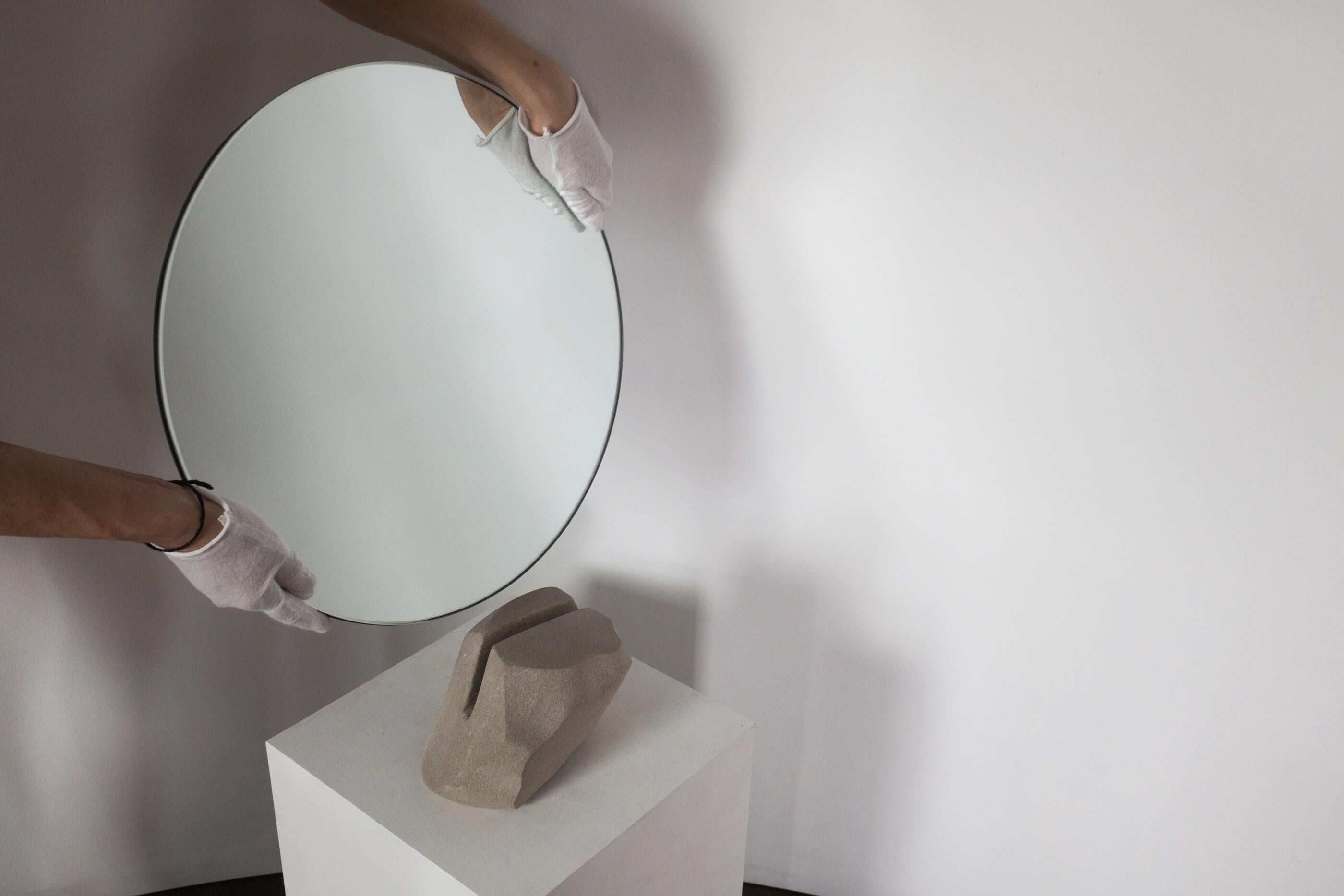 Table Mirror – Hand-carved Limestone Pedestal w/ Circular Mirror In New Condition For Sale In Philadelphia, PA