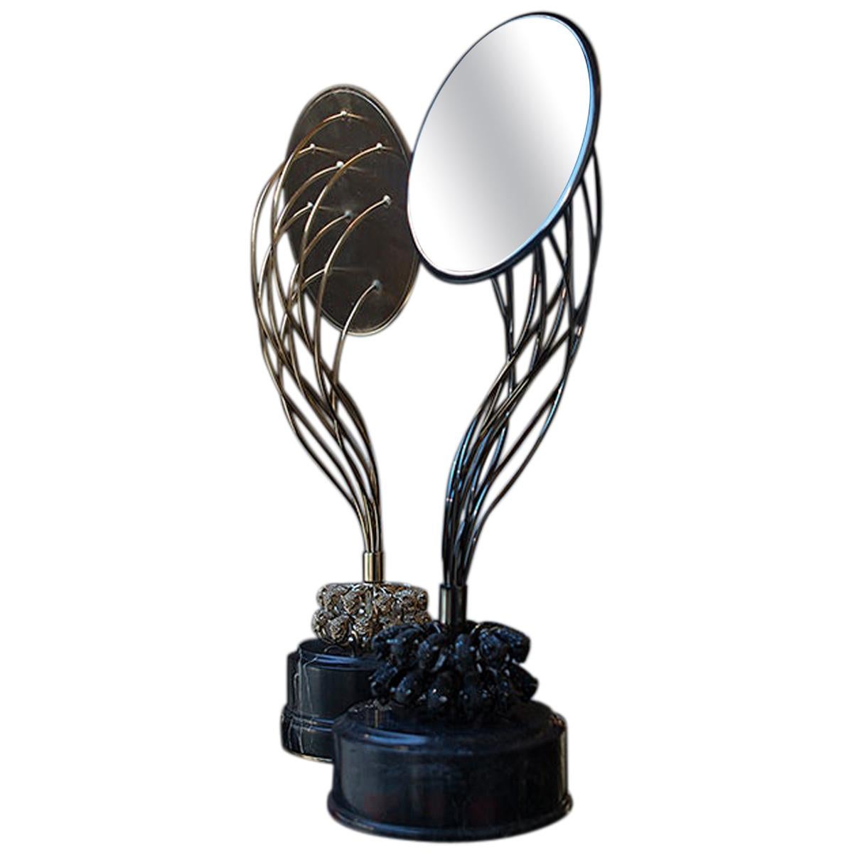 Table Mirror in Gilded Brass, African Black and Red Marble from Iosselliani For Sale