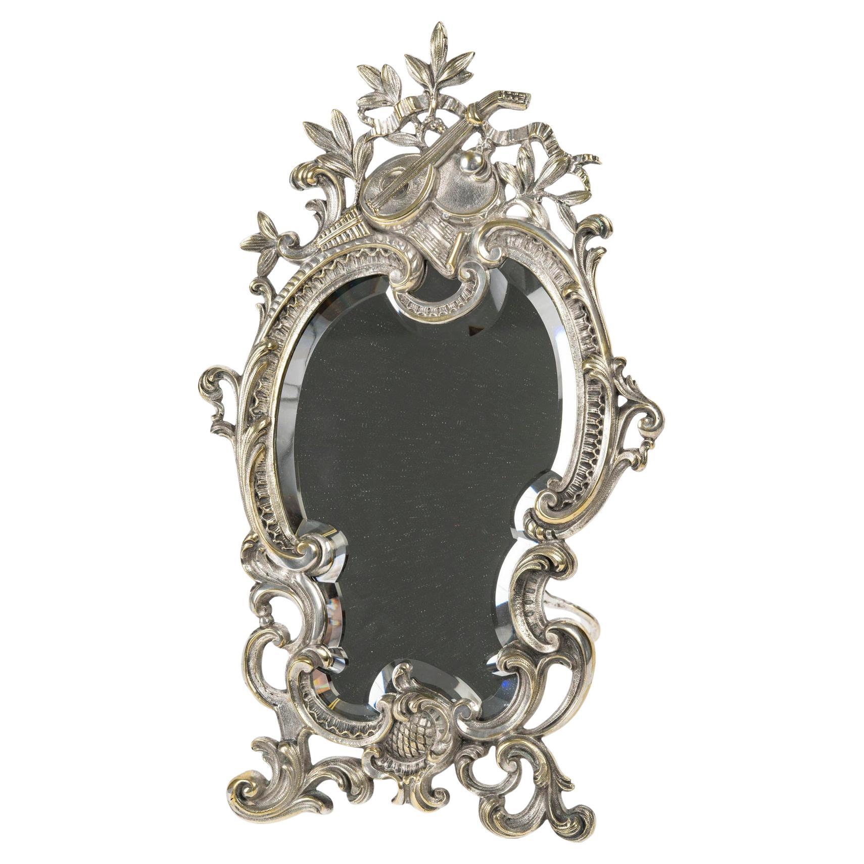 Specchio da tavolo in bronzo argentato, XIX secolo, periodo Napoleone III.
