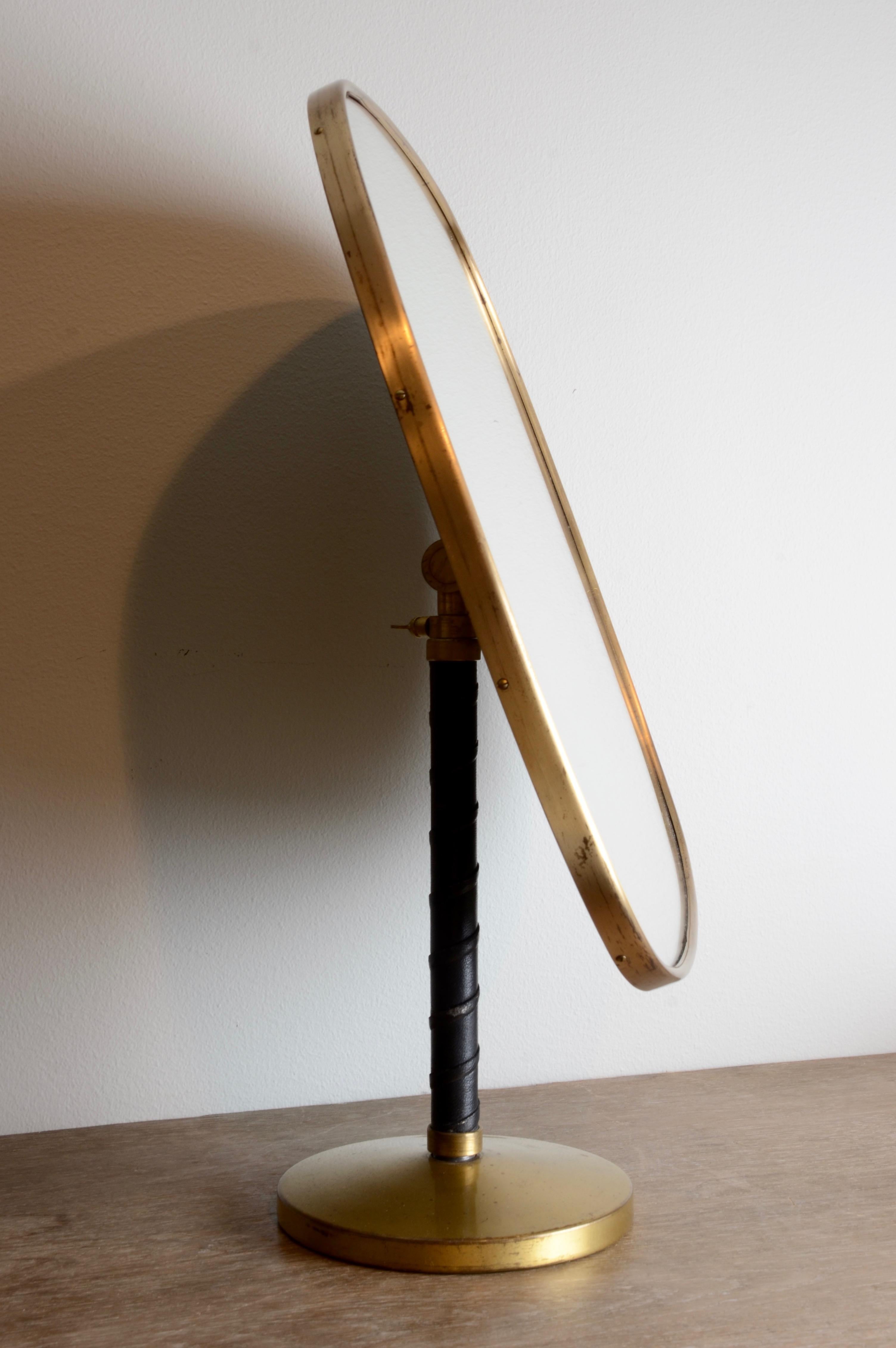 Mid-Century Modern Table Mirror, Leather and Brass, Josef Frank for Firma Svenskt Tenn For Sale