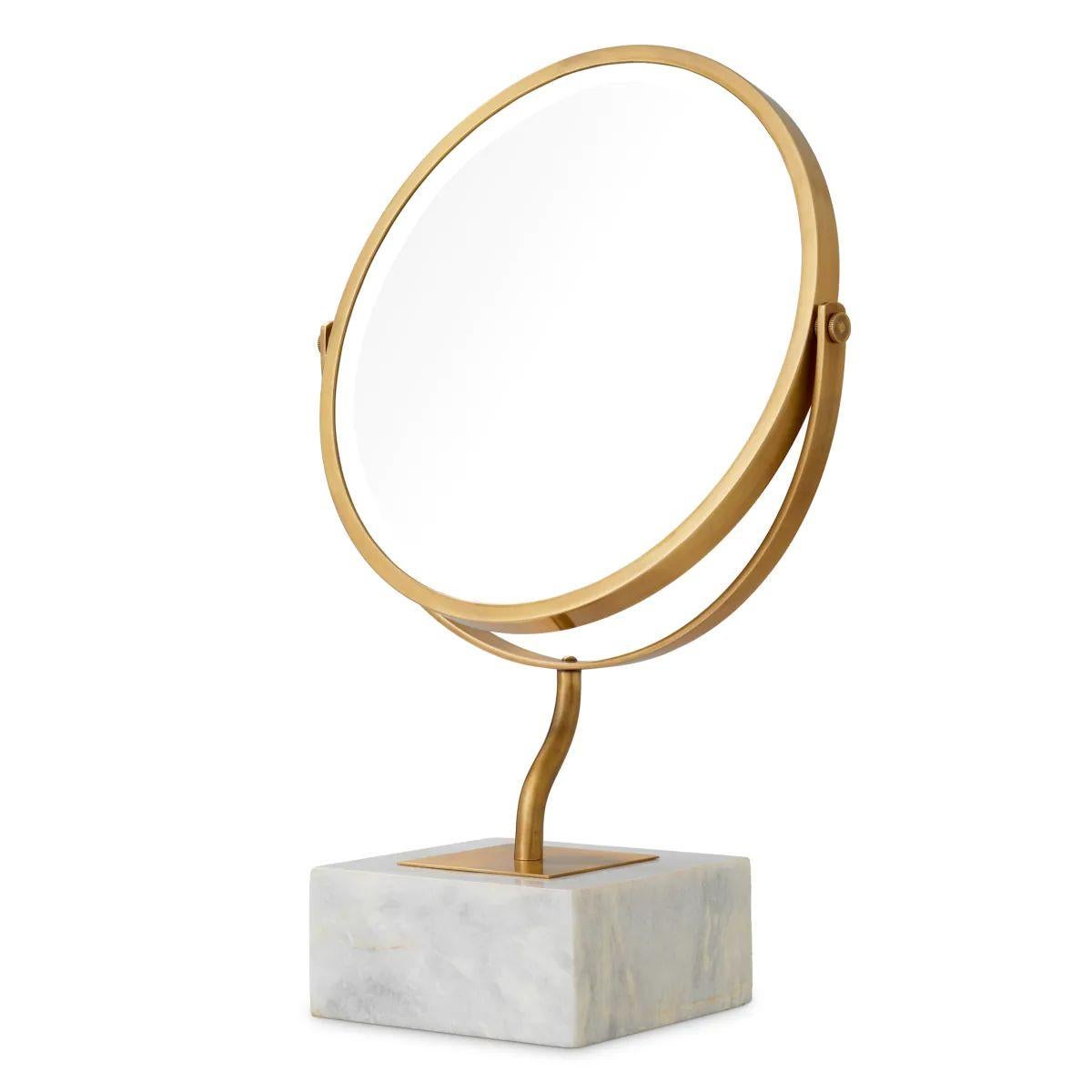 Français Table Mirror with White Marble Base and Vintage Brass Finish en vente