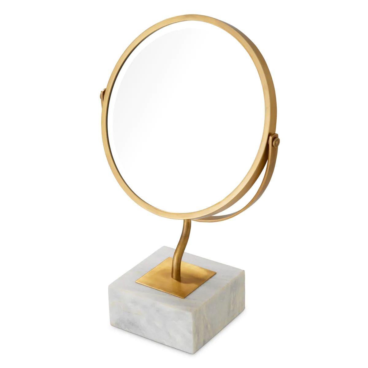 XXIe siècle et contemporain Table Mirror with White Marble Base and Vintage Brass Finish en vente