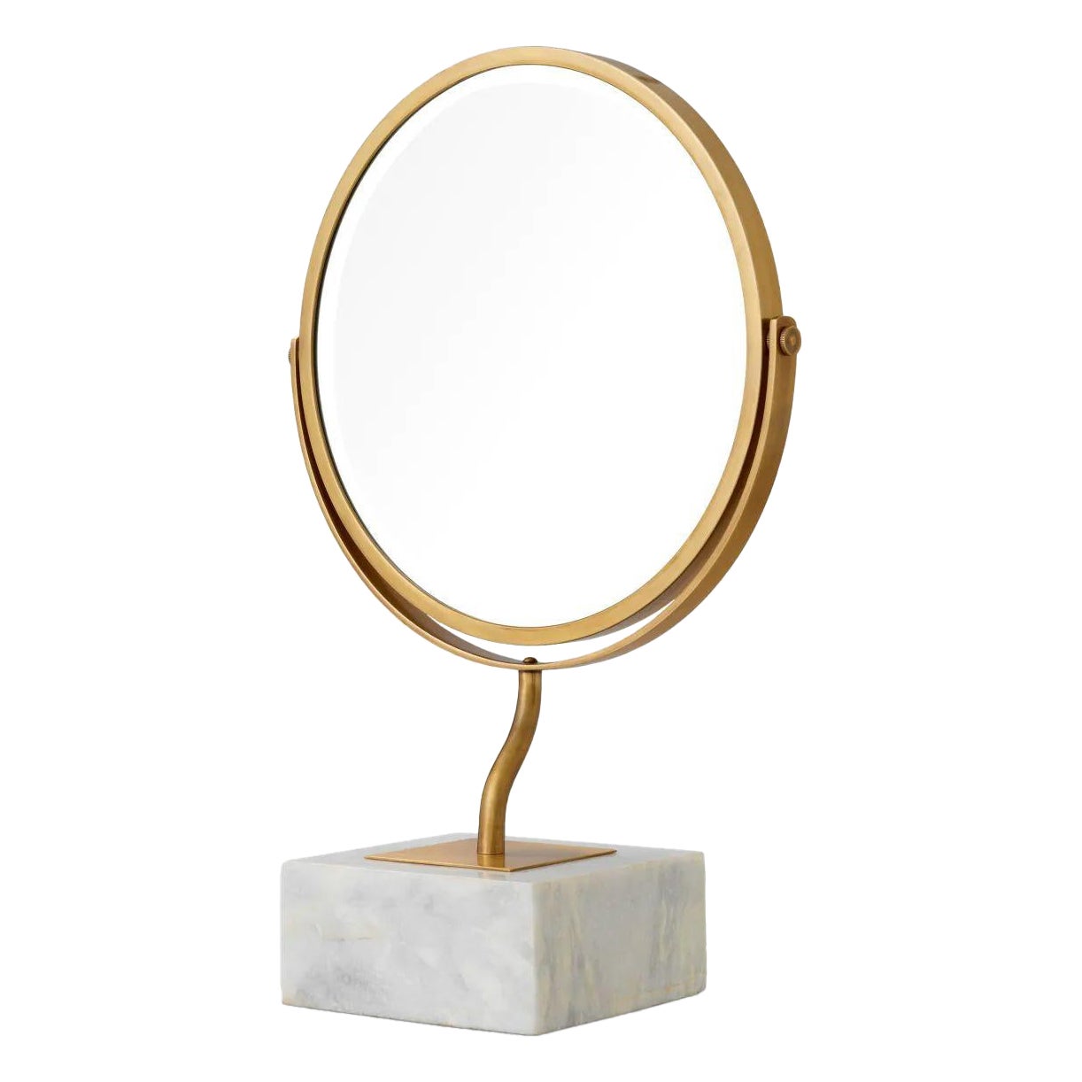 Table Mirror with White Marble Base and Vintage Brass Finish