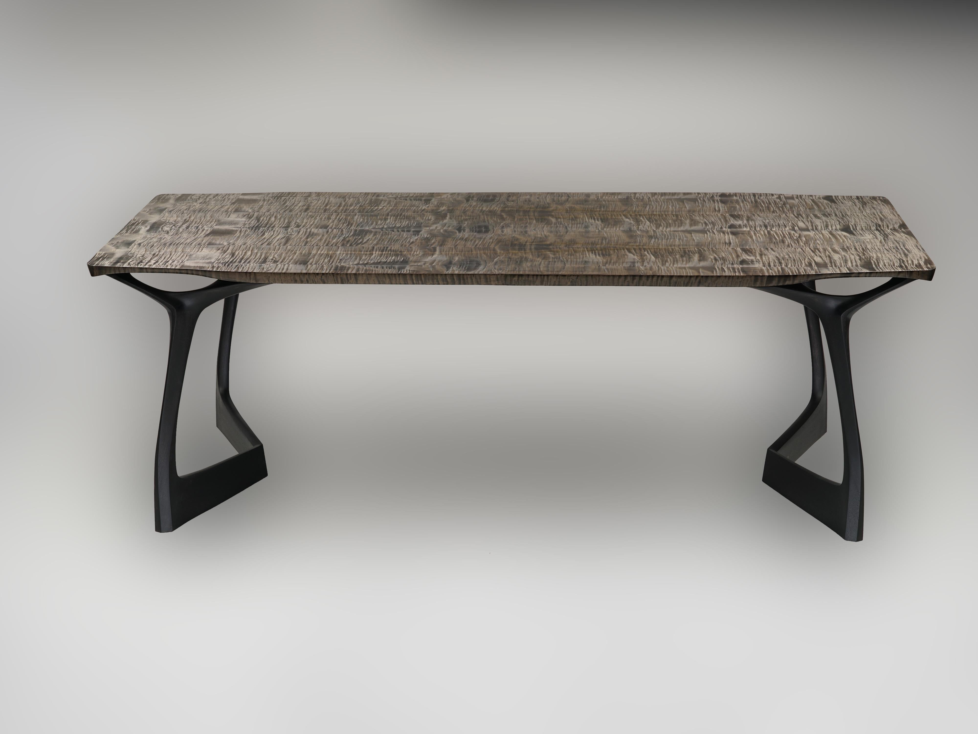 Contemporary Table #2, Sculptural Dining Table.Tiger Maple & Hand-Carved Sapele Wood For Sale