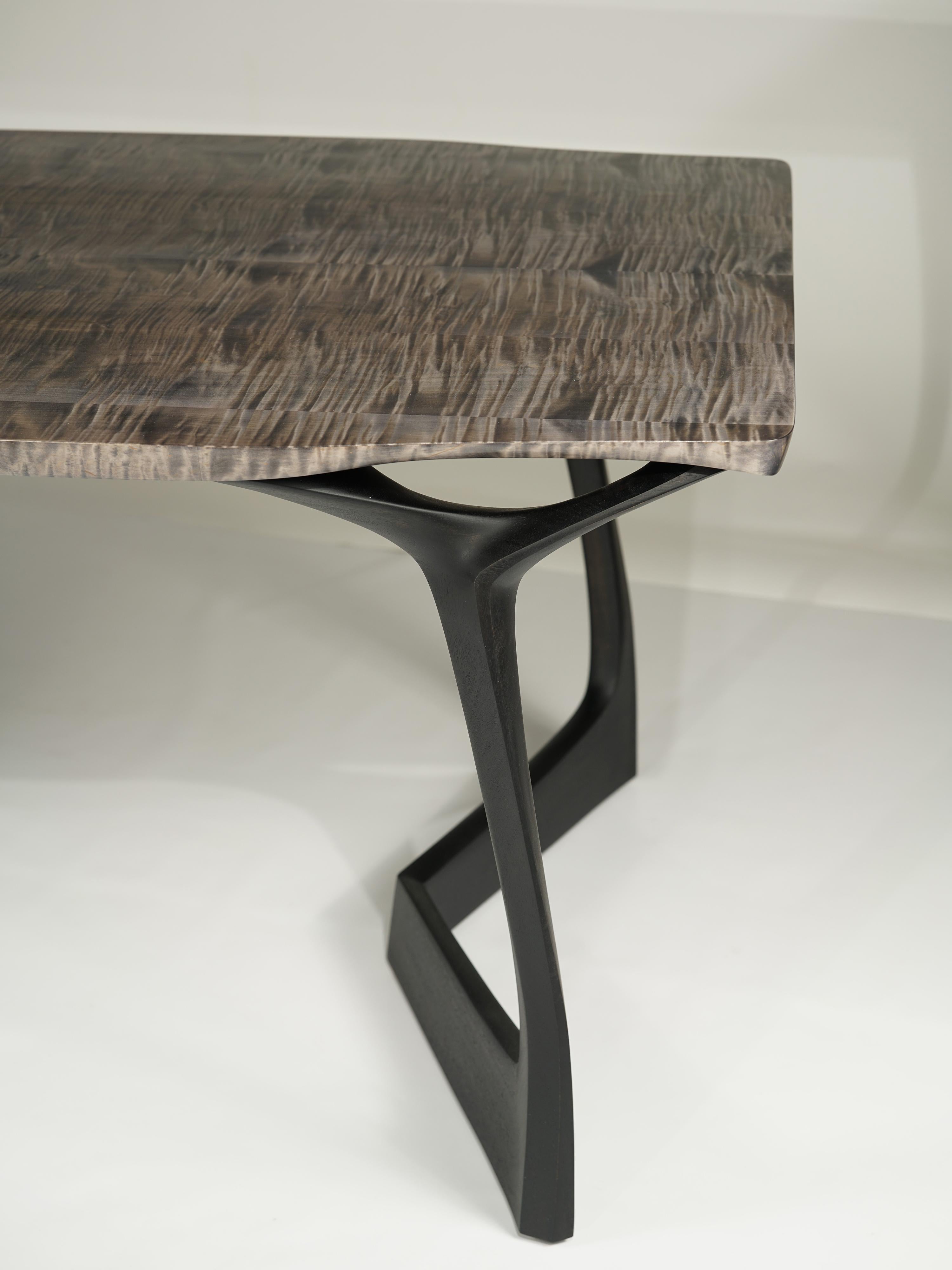 North American Table #2, Sculptural Dining Table.Tiger Maple & Hand-Carved Sapele Wood For Sale