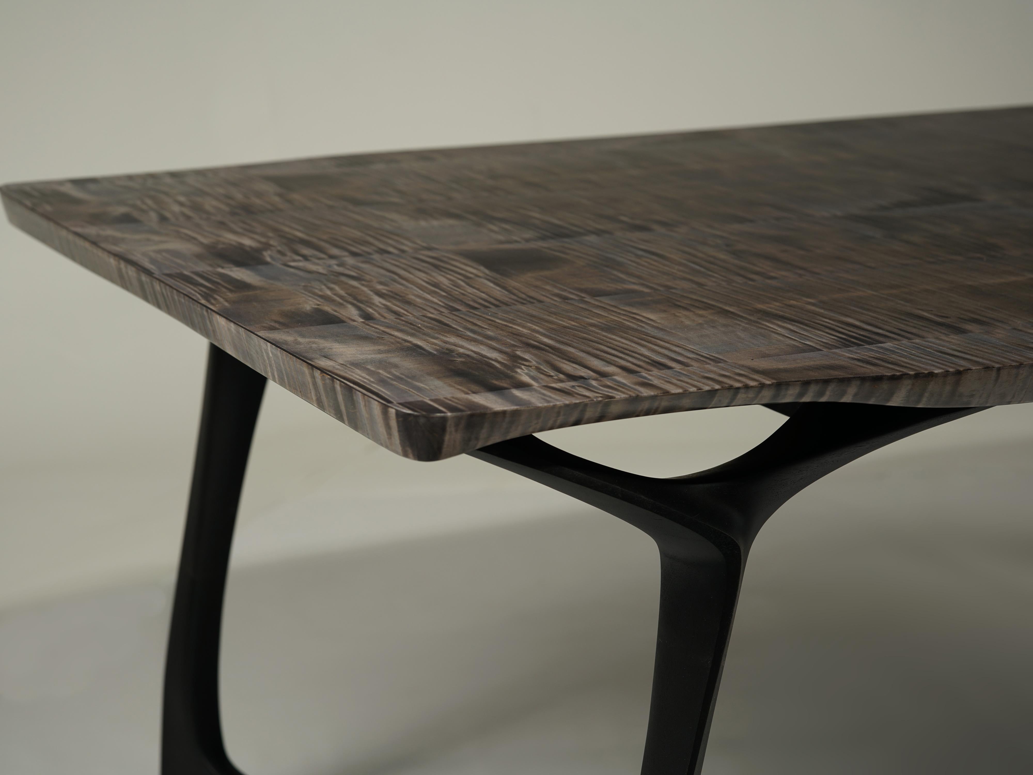 Table #2, Sculptural Dining Table.Tiger Maple & Hand-Carved Sapele Wood For Sale 1