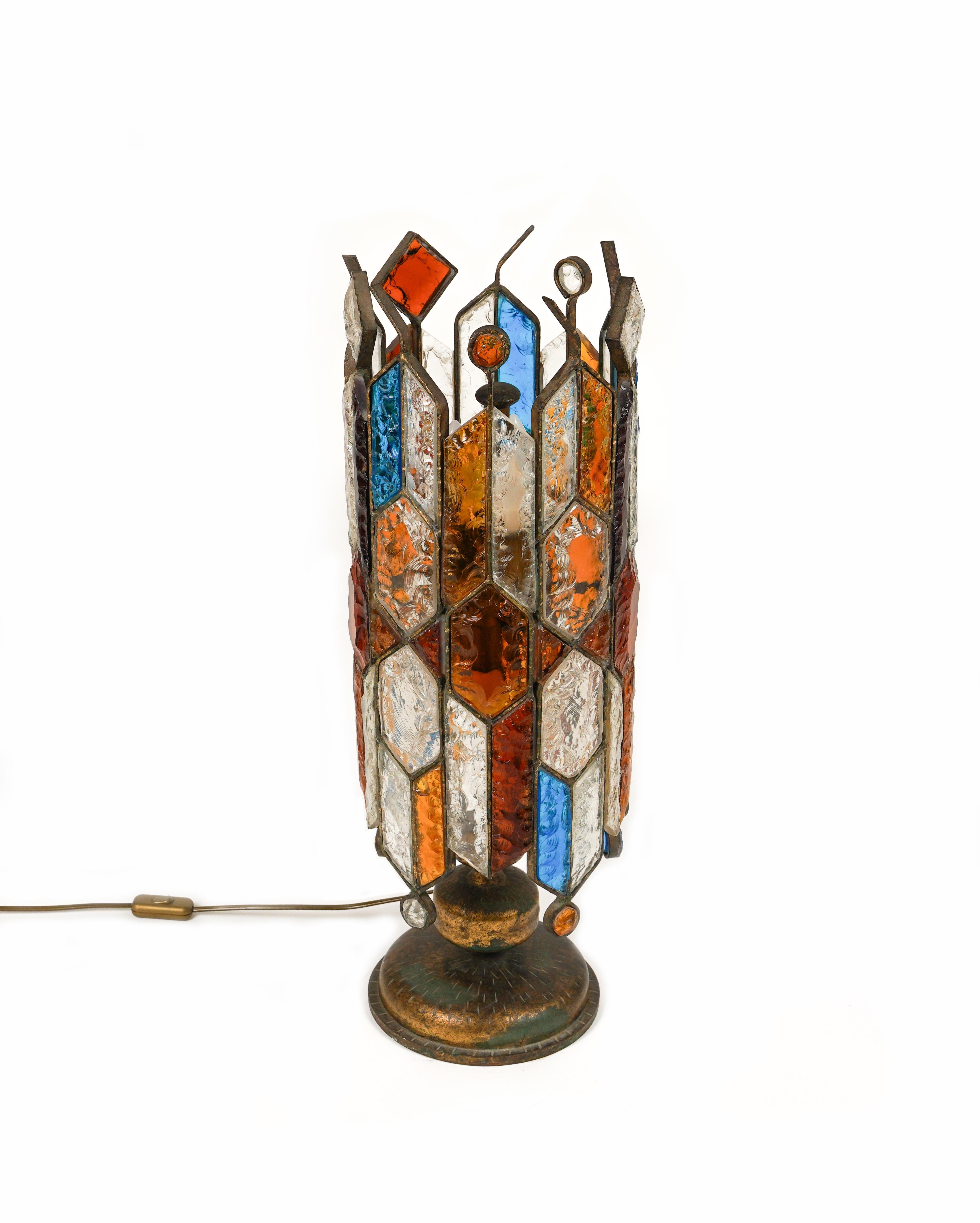 Table or Floor Lamp Wrought Iron and Hammered Glass by Longobard, Italy, 1970s For Sale 3