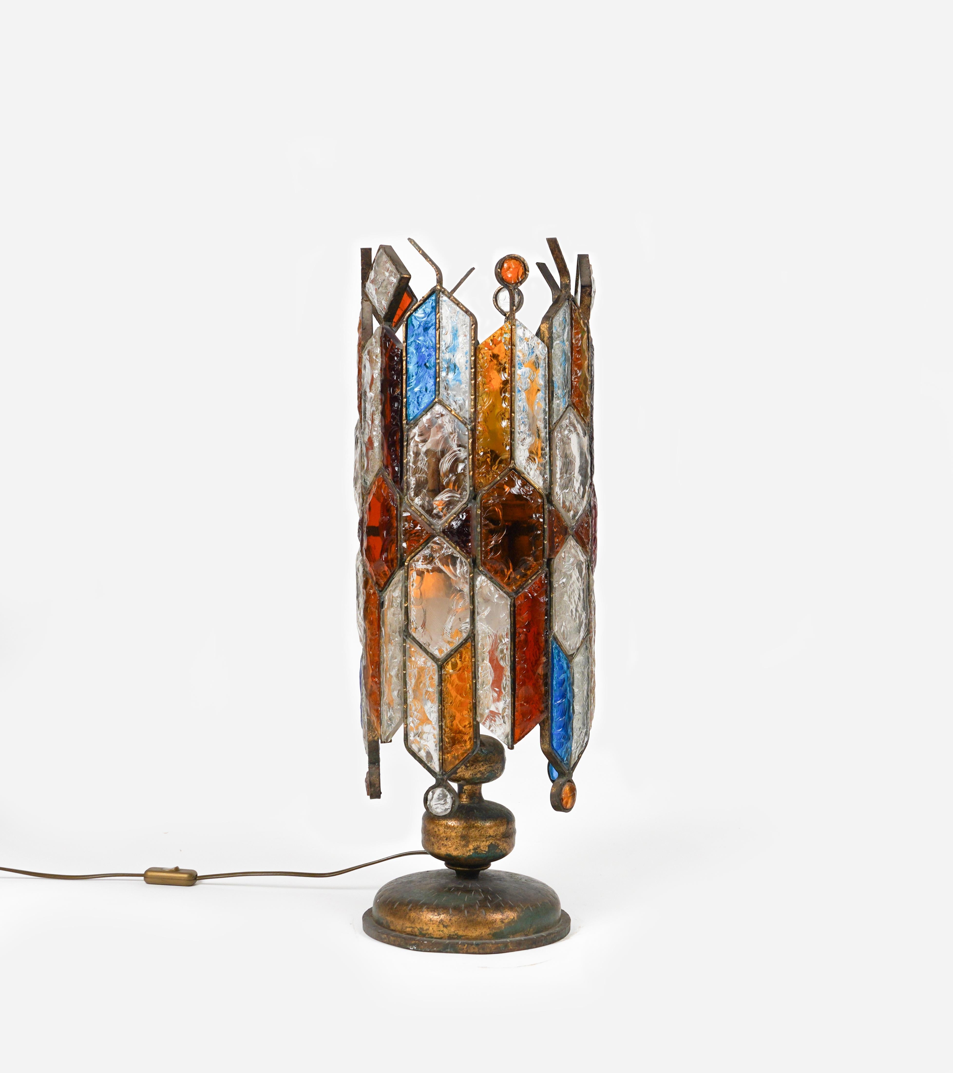 Table or Floor Lamp Wrought Iron and Hammered Glass by Longobard, Italy, 1970s For Sale 6