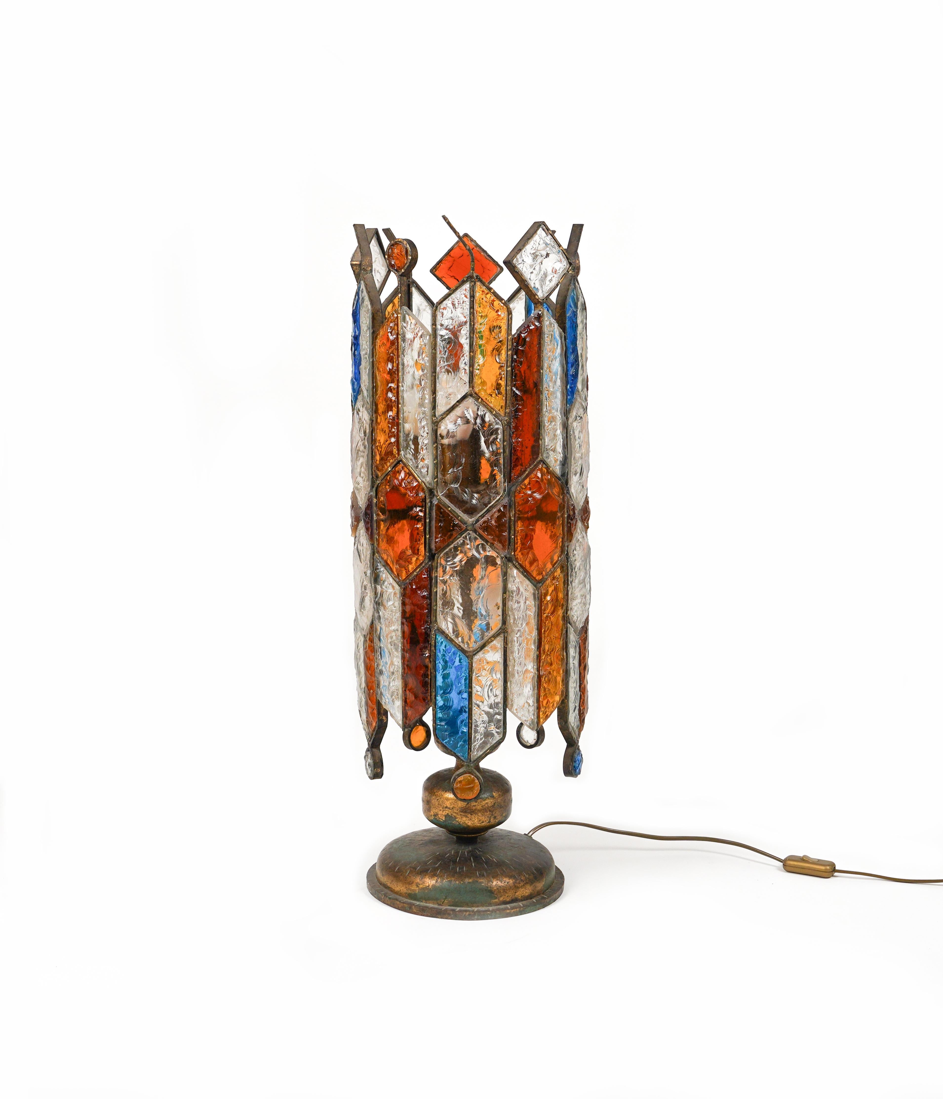 Mid-Century Modern Table or Floor Lamp Wrought Iron and Hammered Glass by Longobard, Italy, 1970s For Sale