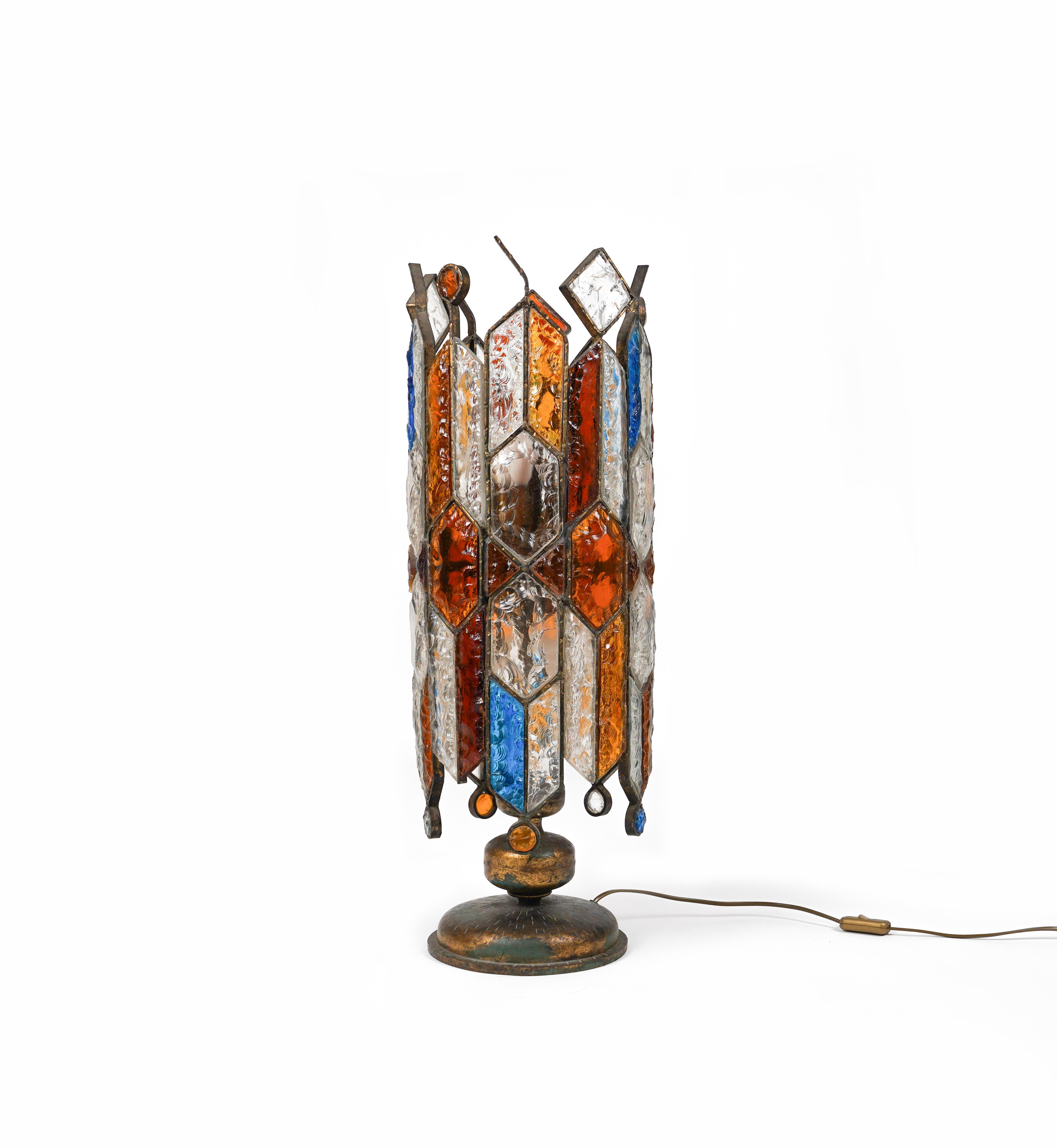Italian Table or Floor Lamp Wrought Iron and Hammered Glass by Longobard, Italy, 1970s For Sale