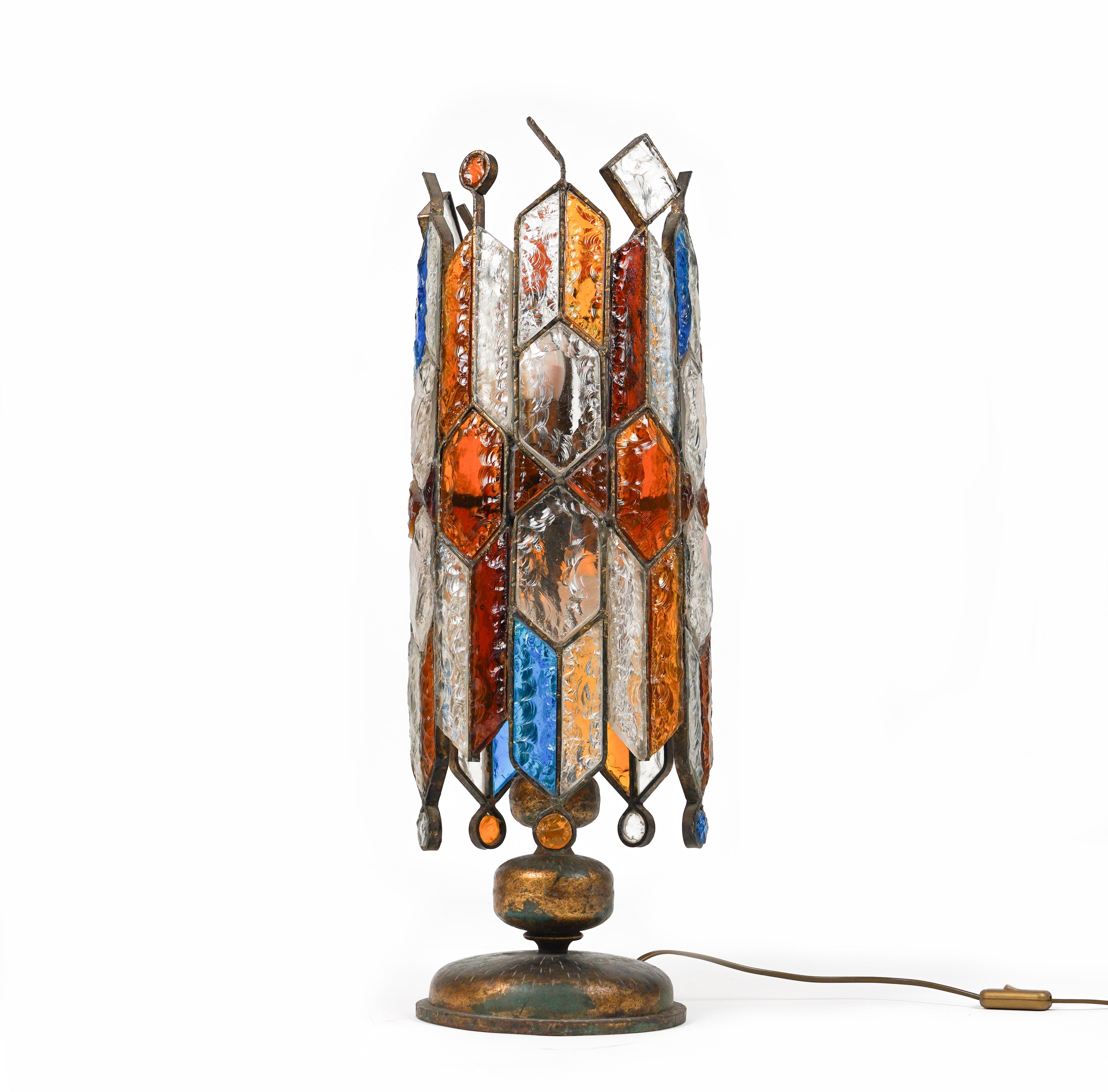 Late 20th Century Table or Floor Lamp Wrought Iron and Hammered Glass by Longobard, Italy, 1970s For Sale