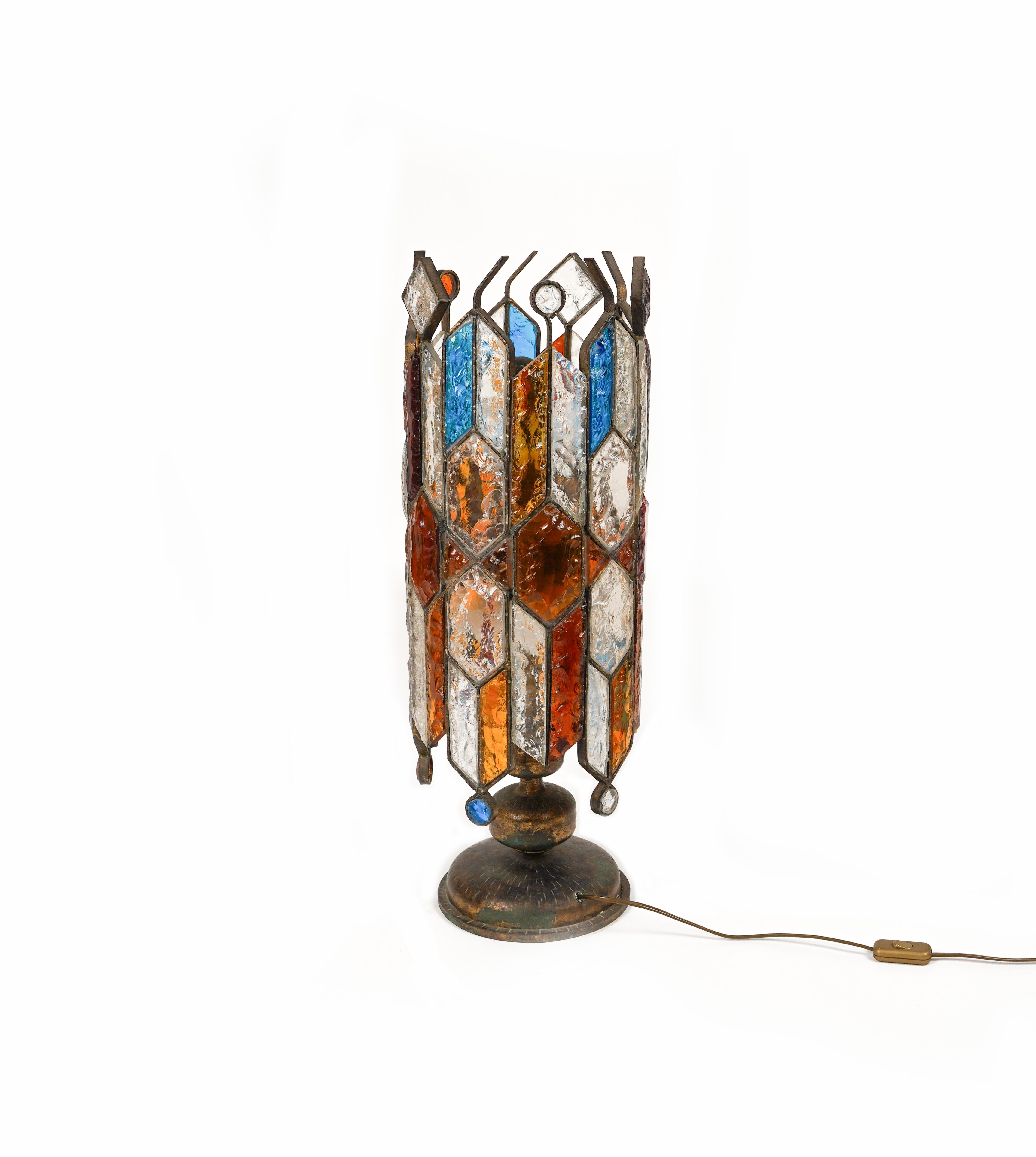 Metal Table or Floor Lamp Wrought Iron and Hammered Glass by Longobard, Italy, 1970s For Sale