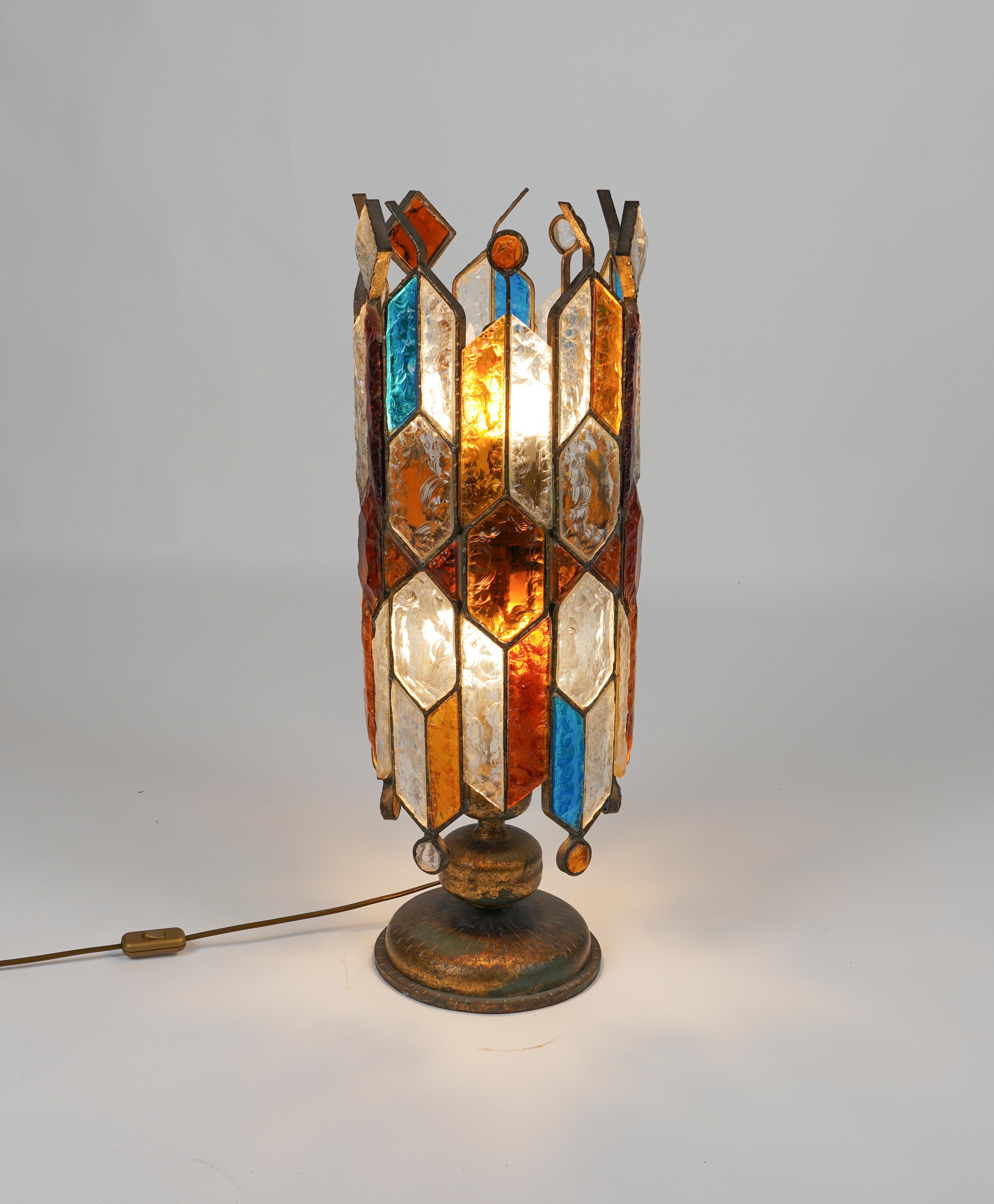 Table or Floor Lamp Wrought Iron and Hammered Glass by Longobard, Italy, 1970s For Sale 2