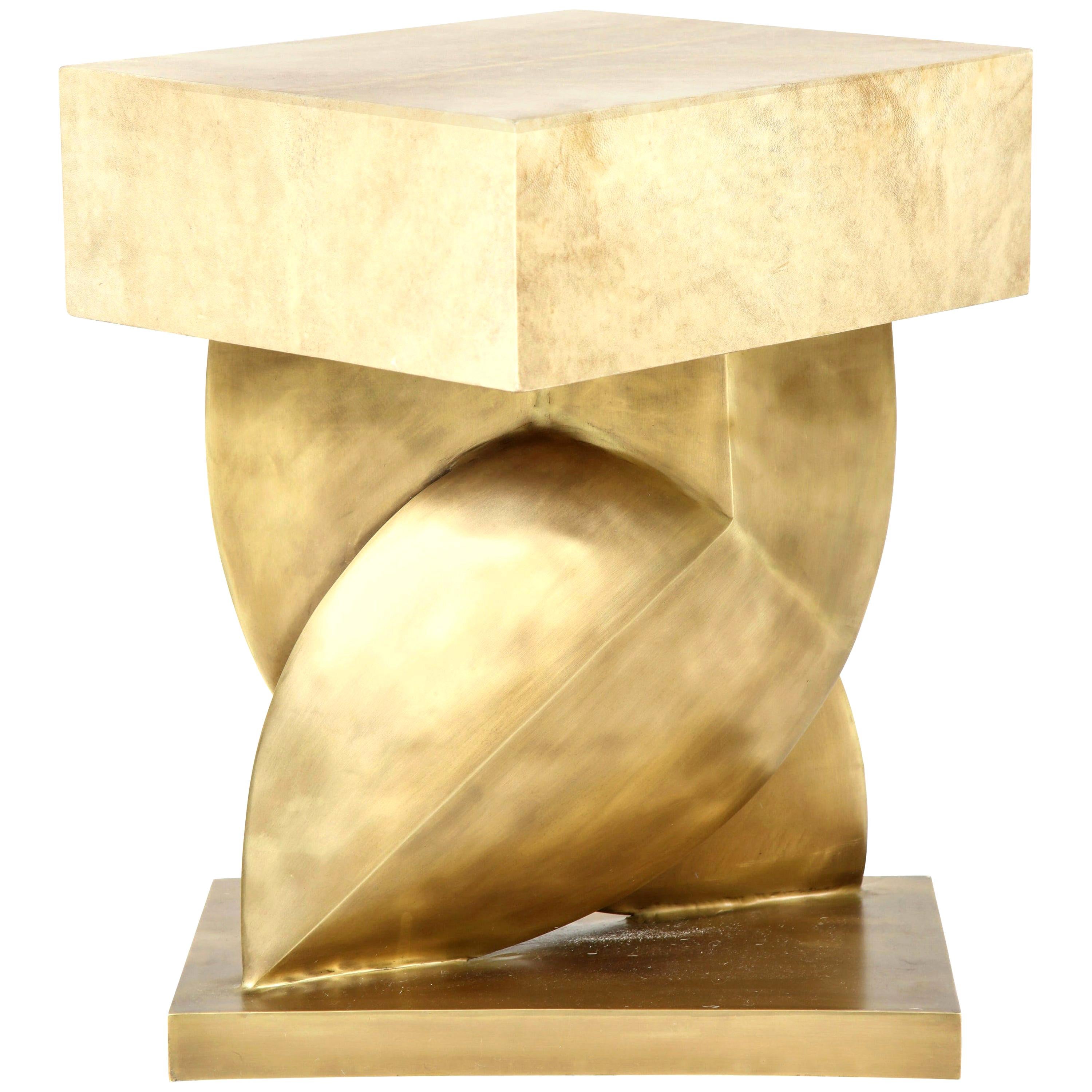 Table, Parchment with Bronze Base, Tan Color, Side Table