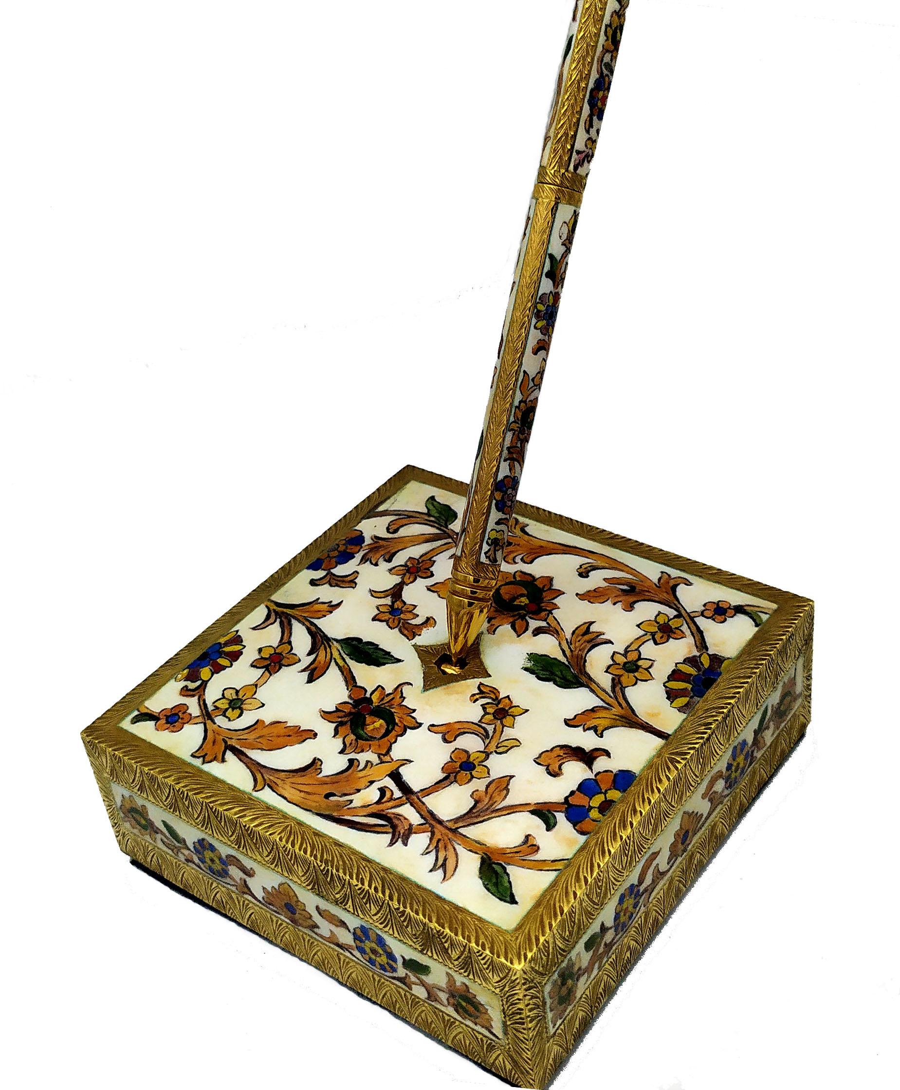 Portaplumas de mesa Esmalte al fuego miniaturas pintadas a mano Plata de ley Salimbeni Grabado en venta