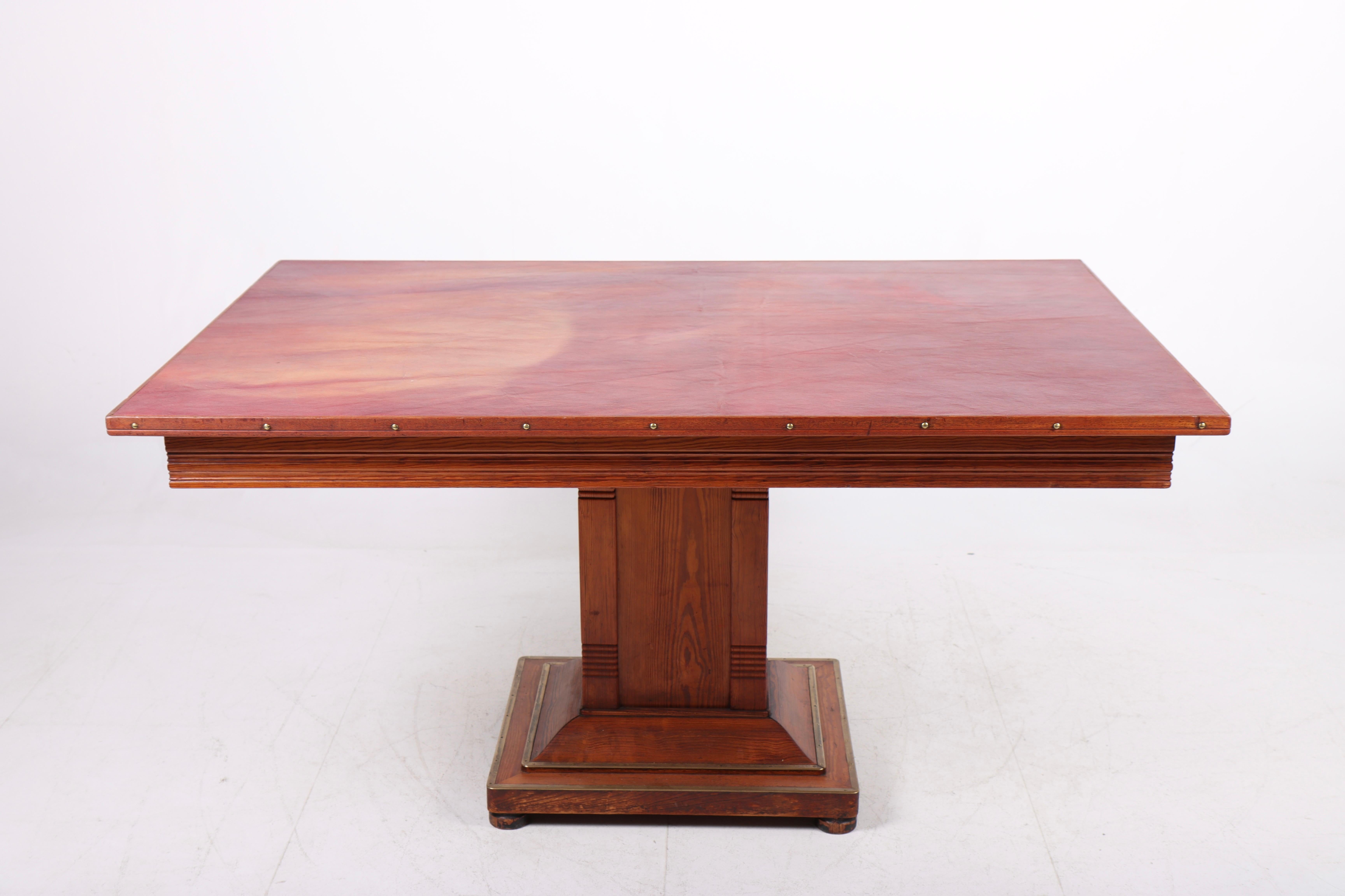 Table in pine and patinated leather. Designed by MAA. Martin Nyrop as interior for Copenhagen town hall in 1905. Made in Denmark by Cabinetmaker Rud Rasmussen cabinetmakers.

 