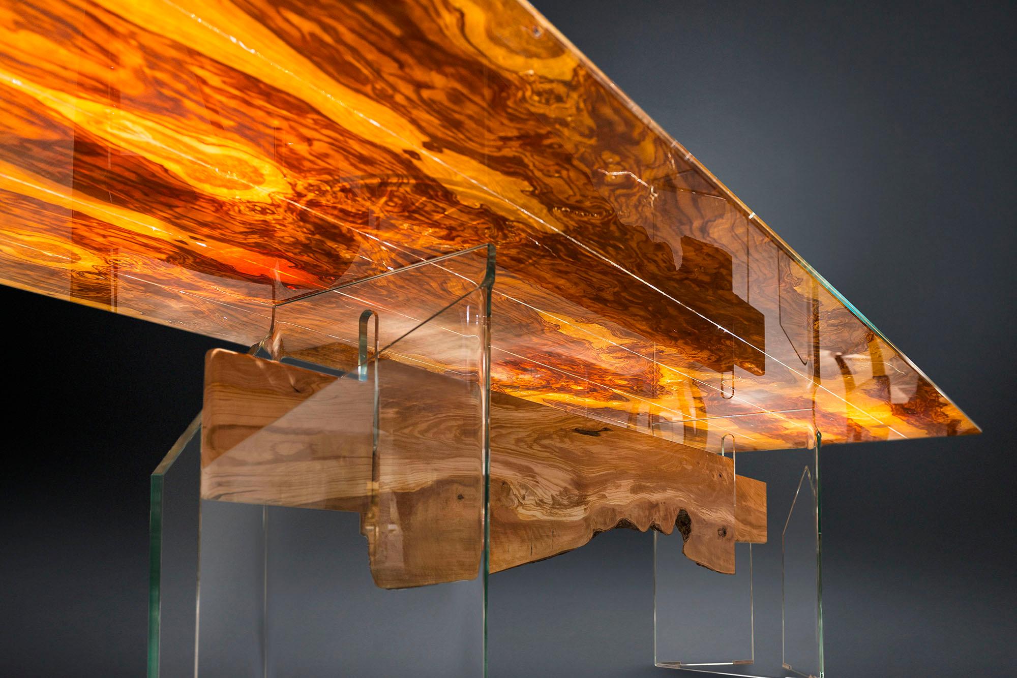 Modern Table Portofino, in Glass and Olive-Tree Wood, Italy For Sale