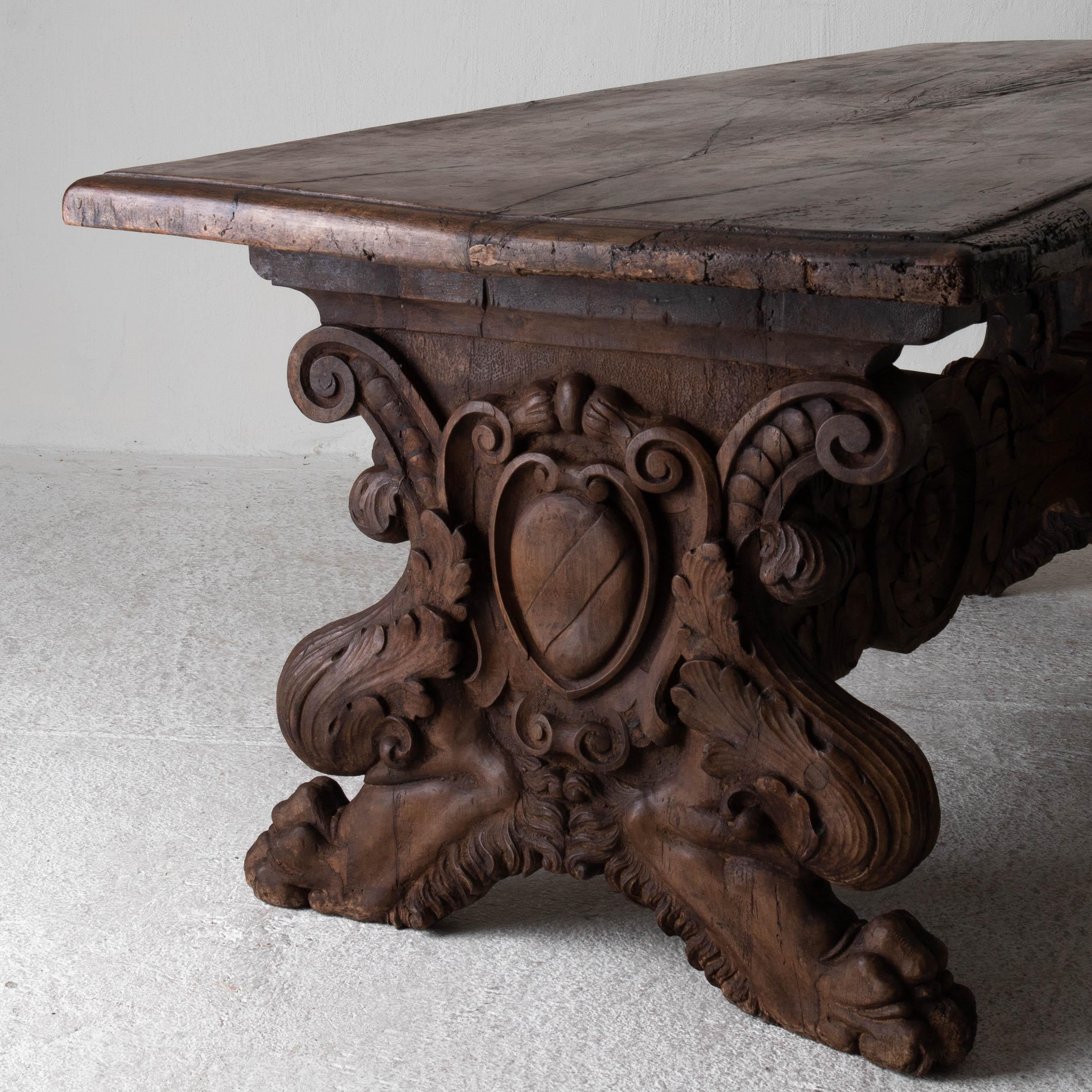 Swedish Table Rare Baroque Italian Oak Patina Crest Details, Italy