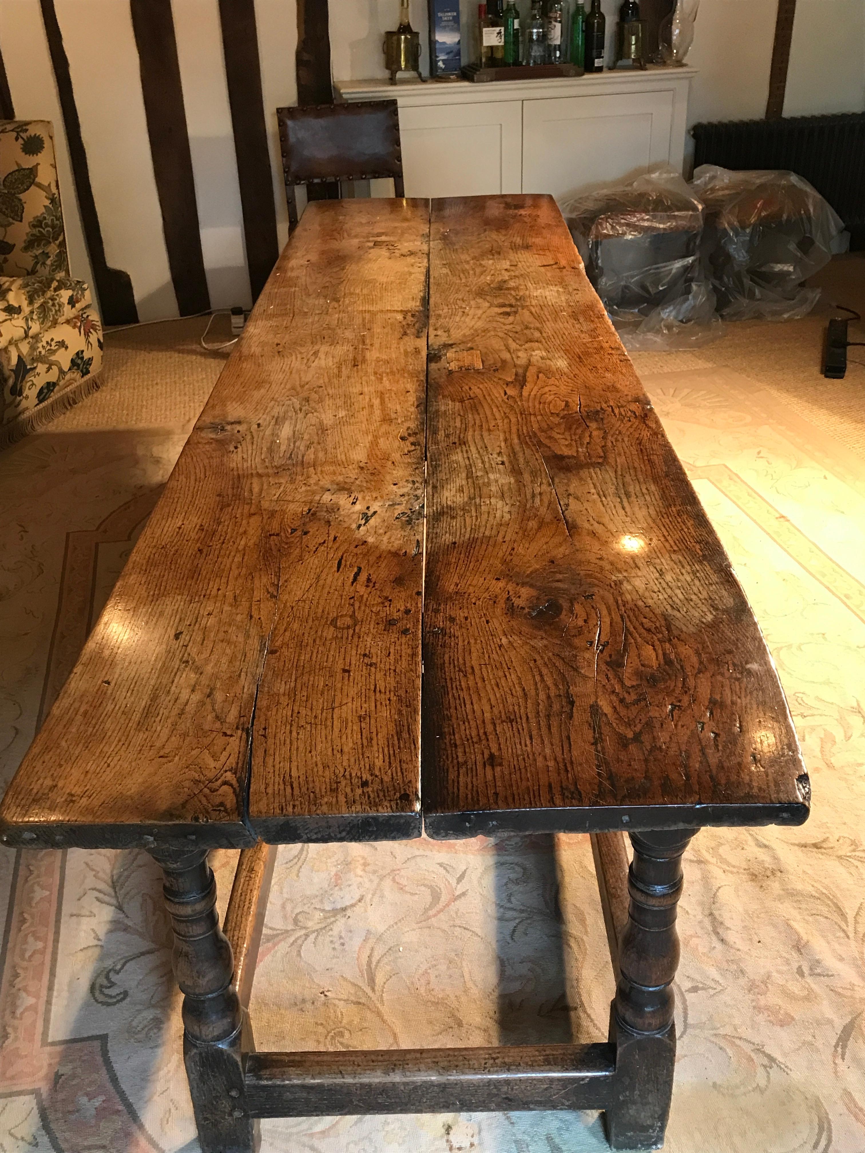 English Table Refectory Reversible Top Patinated & Unpatinated Oak 6 Turned Legs For Sale