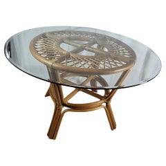 Table ronde Française pieds rotin plateau verre 1970 Used