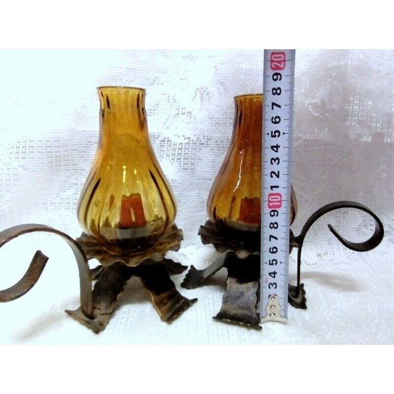 Table Rustic Pair of Candle Holder Cast Iron/Metal & Glass For Sale 7