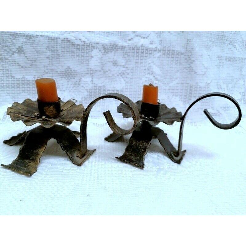 Table Rustic Pair of Candle Holder Cast Iron/Metal & Glass For Sale 2