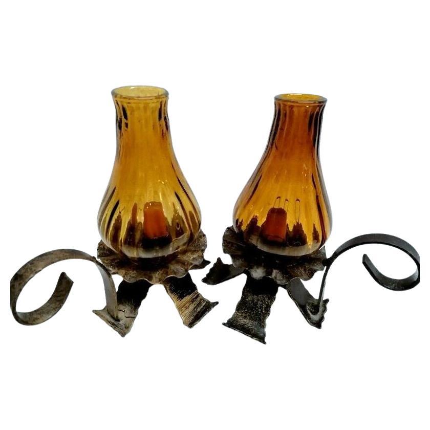 Table Rustic Pair of Candle Holder Cast Iron/Metal & Glass For Sale