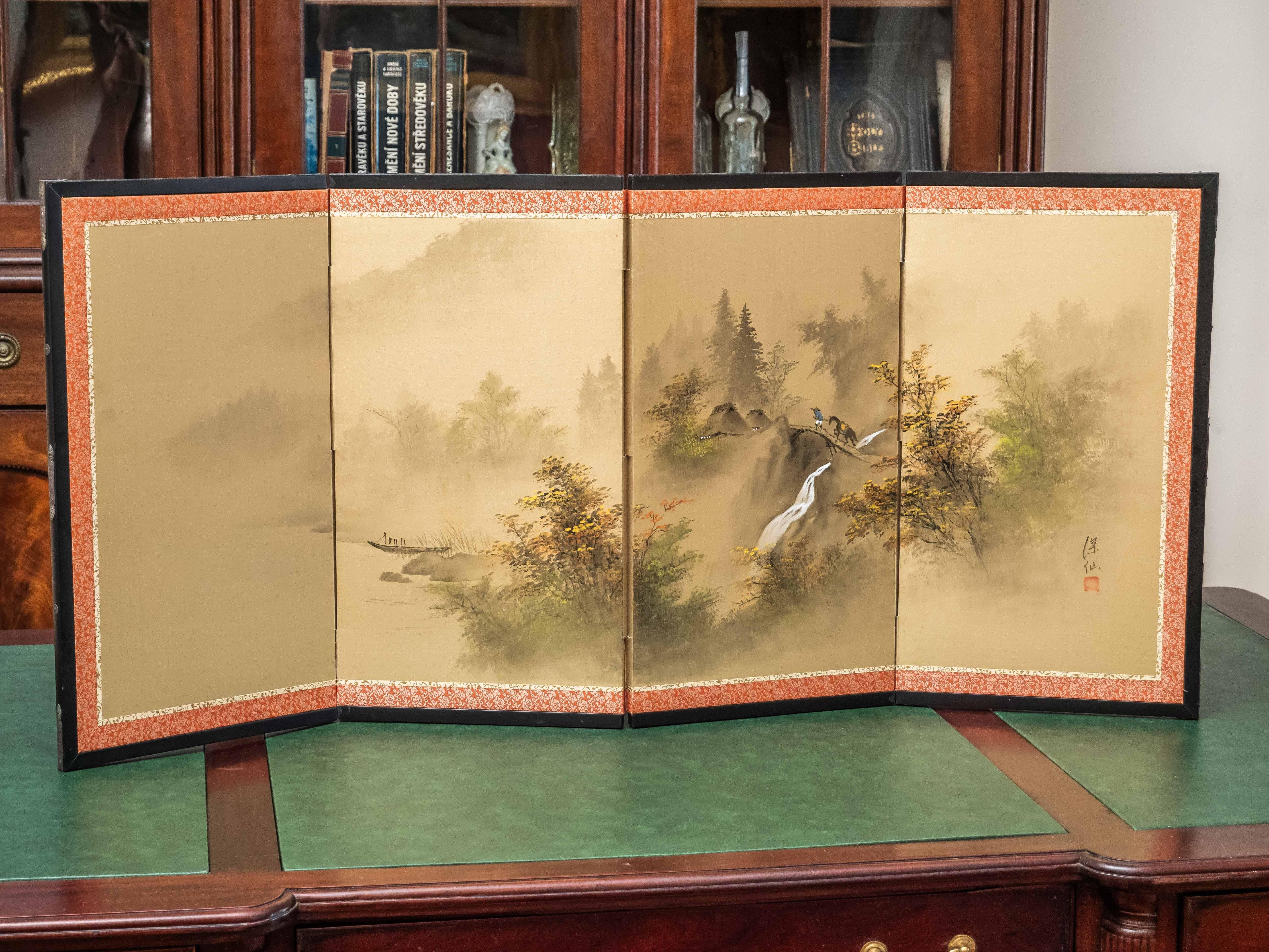 Table screen Chinese screen with painting on silk

This beautiful Chinese table screen is a masterpiece of traditional Asian art. The screen consists of four folding panels, on which a delicate painting on silk is spread, depicting a peaceful