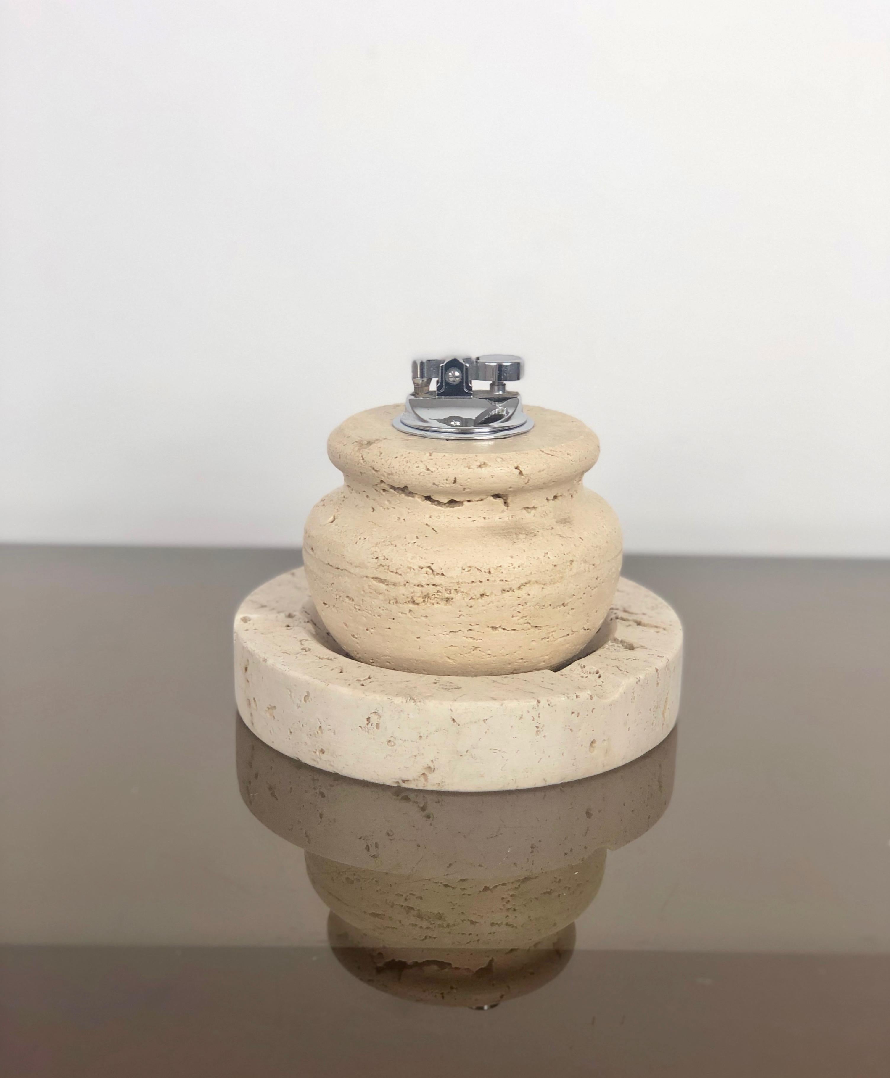 Mid-Century Modern Table Set of Travertine Marble Ashtray and Lighter, Fratelli Manelli Style, 1970