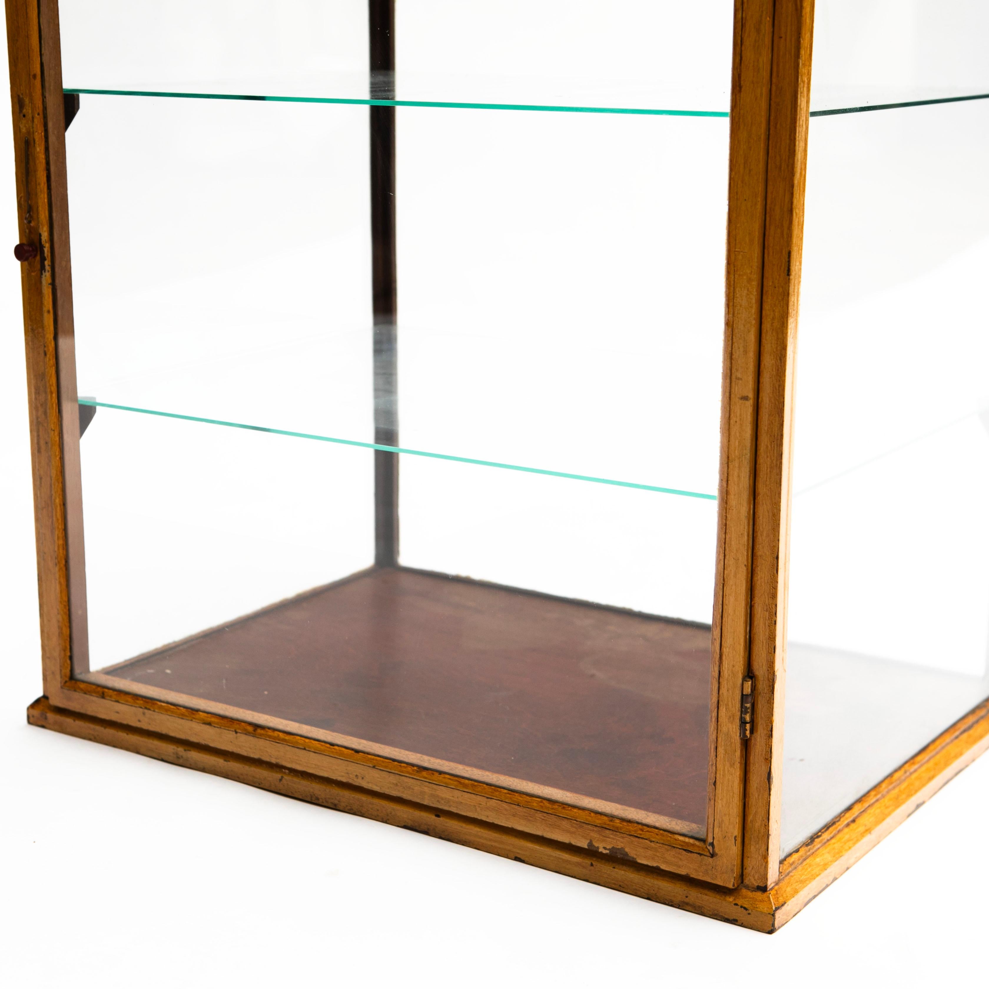 Glass Table Showcase / Display Cabinet - In Pine. Original Yellow Paint For Sale