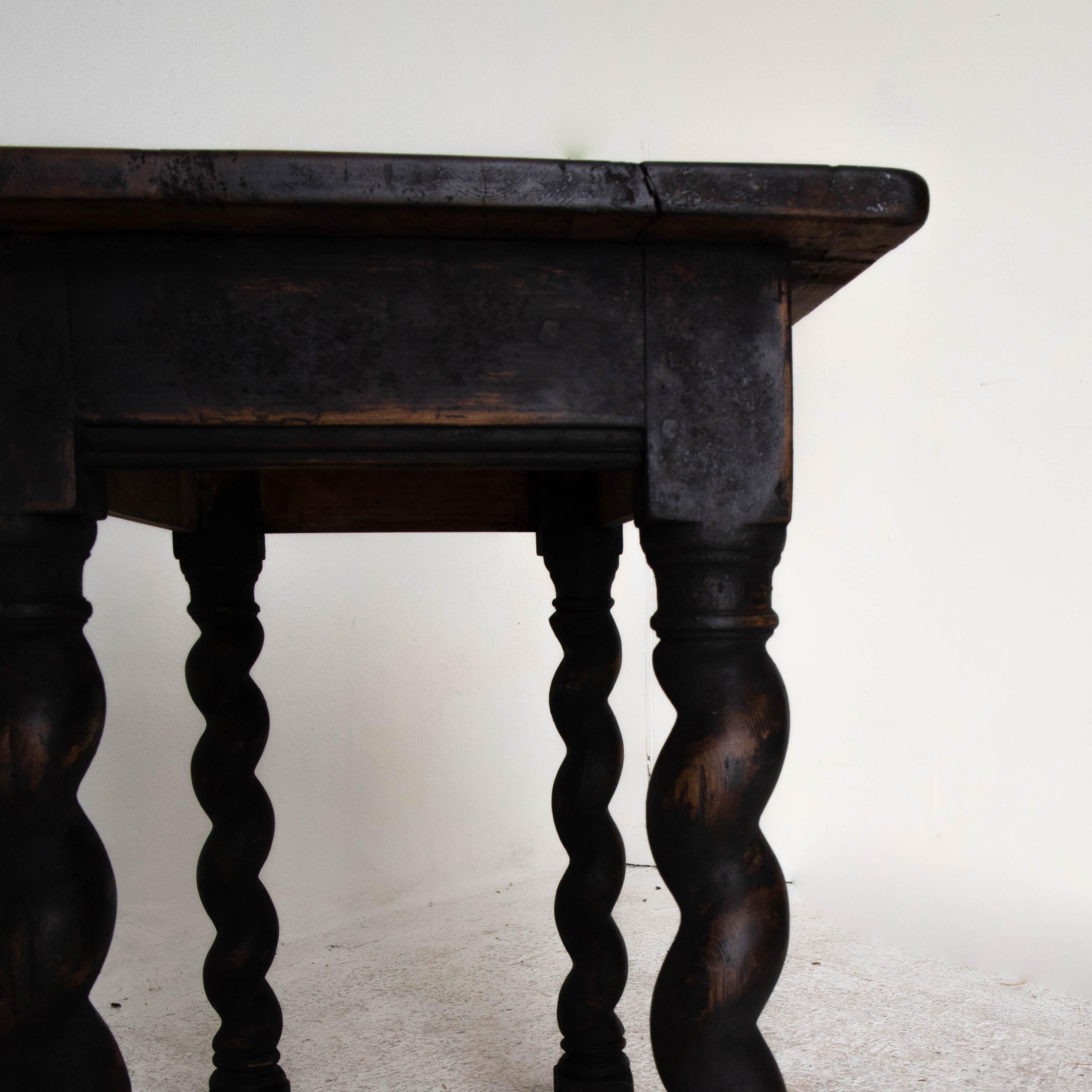 Hand-Painted Table Side Swedish Baroque Black 18th Cenutry Spiral Legs, Sweden