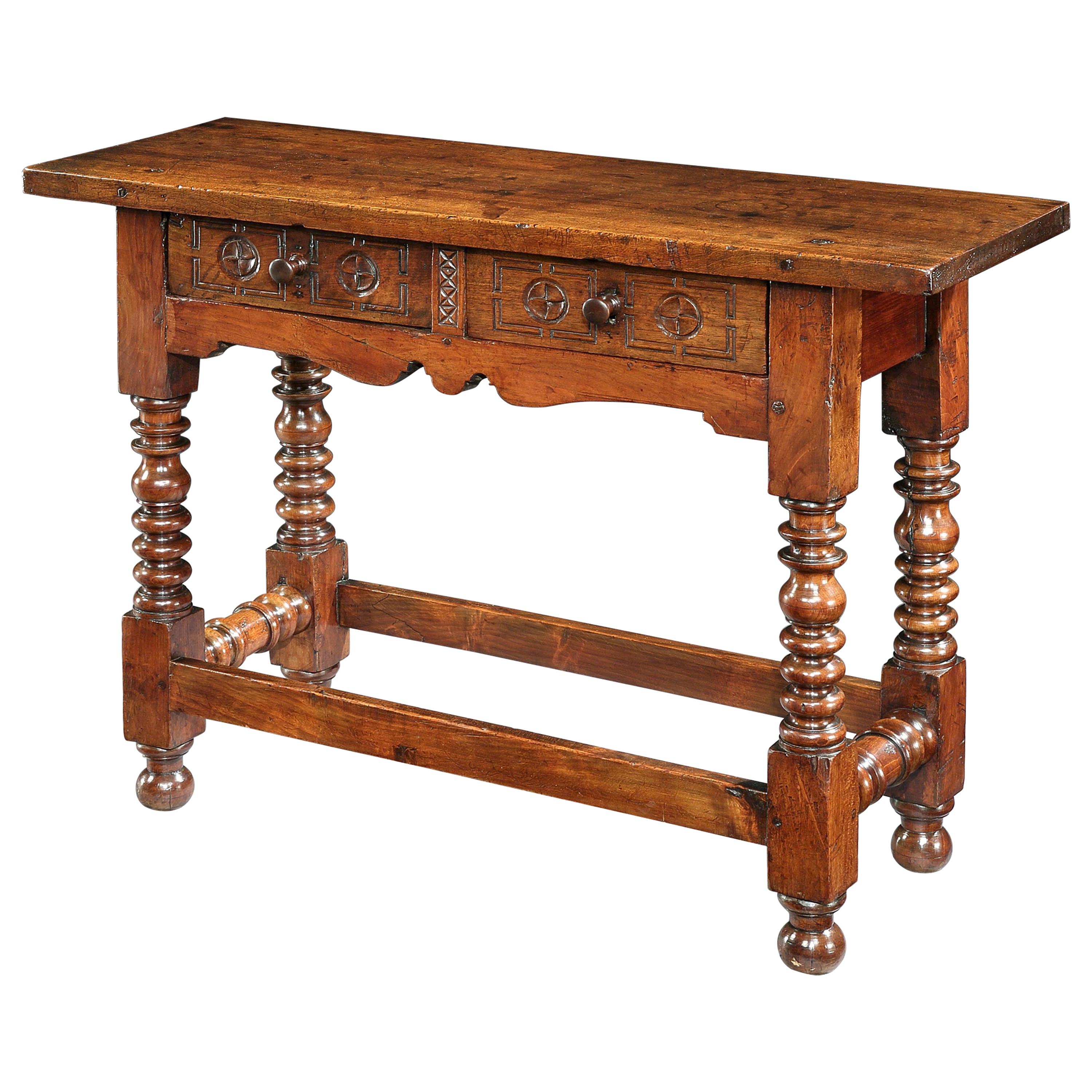 Table, Side Table, Console, 17th Century, Spanish, Baroque, Walnut, Chip Carving For Sale