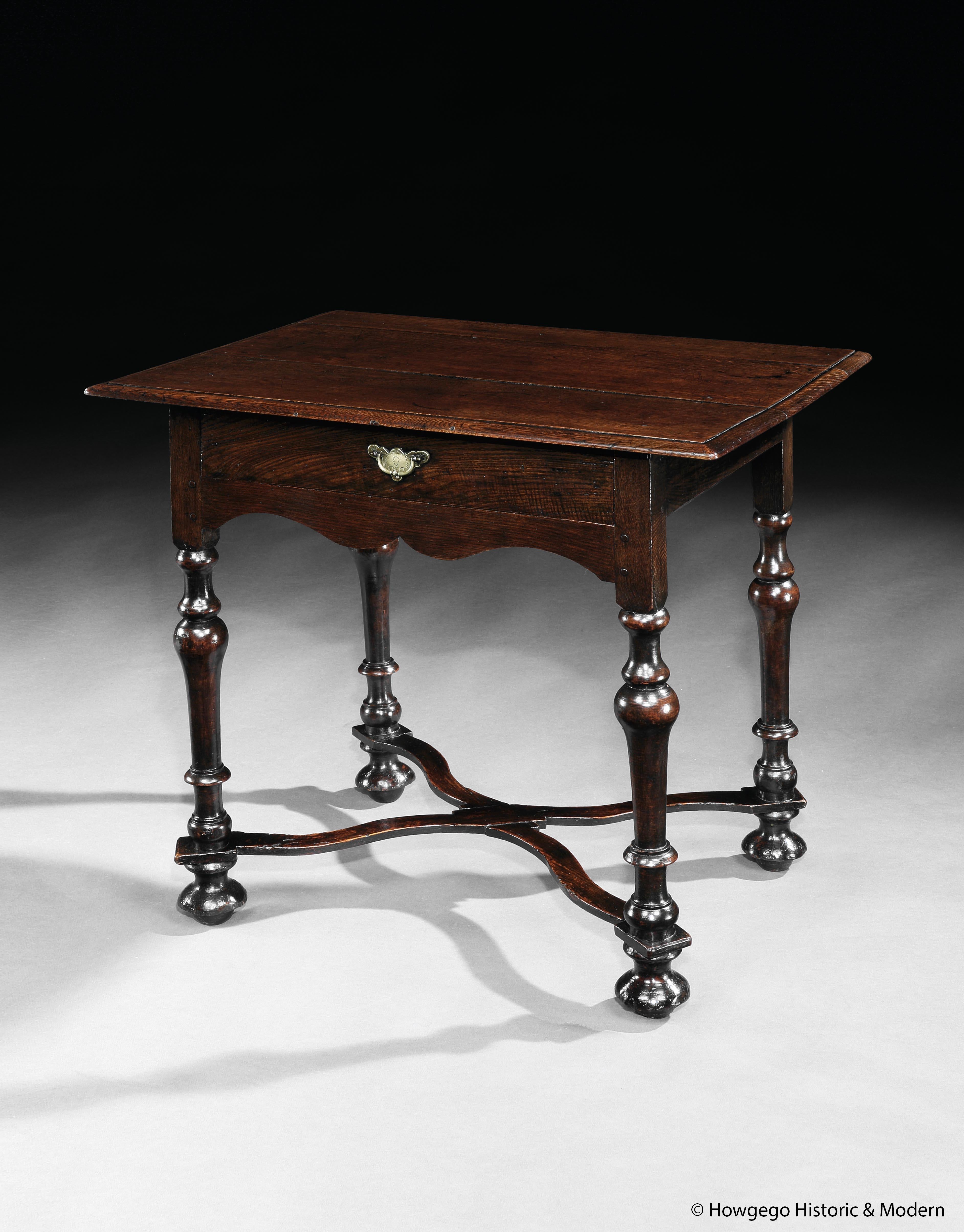 Elegant, 17th /early 18th-century, x-stretcher, oak Anglo-Dutch sidetable

• Elegant sidetable injecting period charm into contemporary, modern or historic interiors
• Fluid form with softly turned tapering legs and curved ‘X’ stretcher
• Rich,