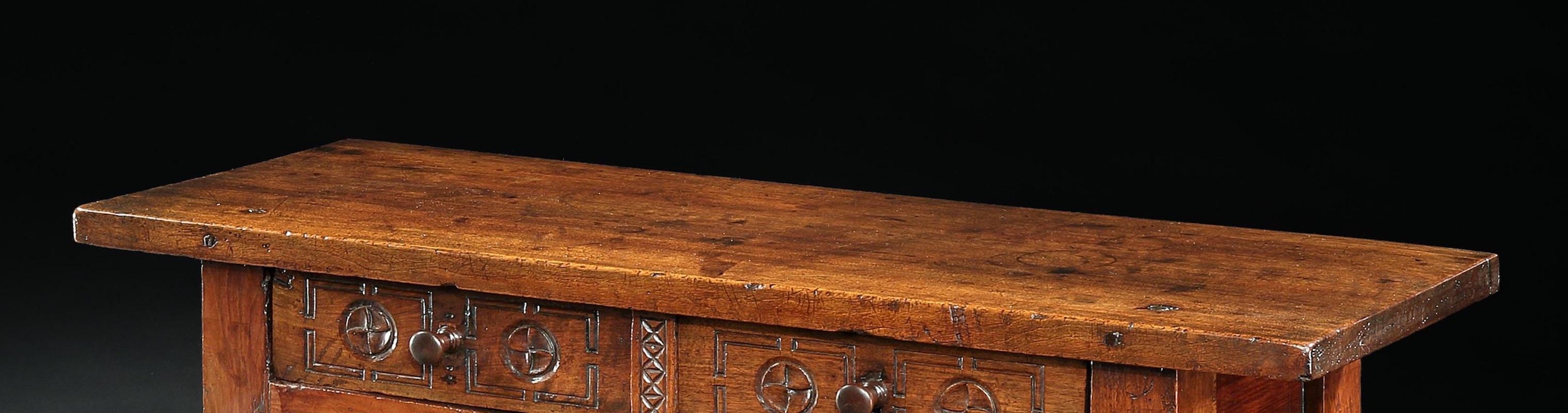 Joinery Table, Side Table, Console, 17th Century, Spanish, Baroque, Walnut, Chip Carving For Sale