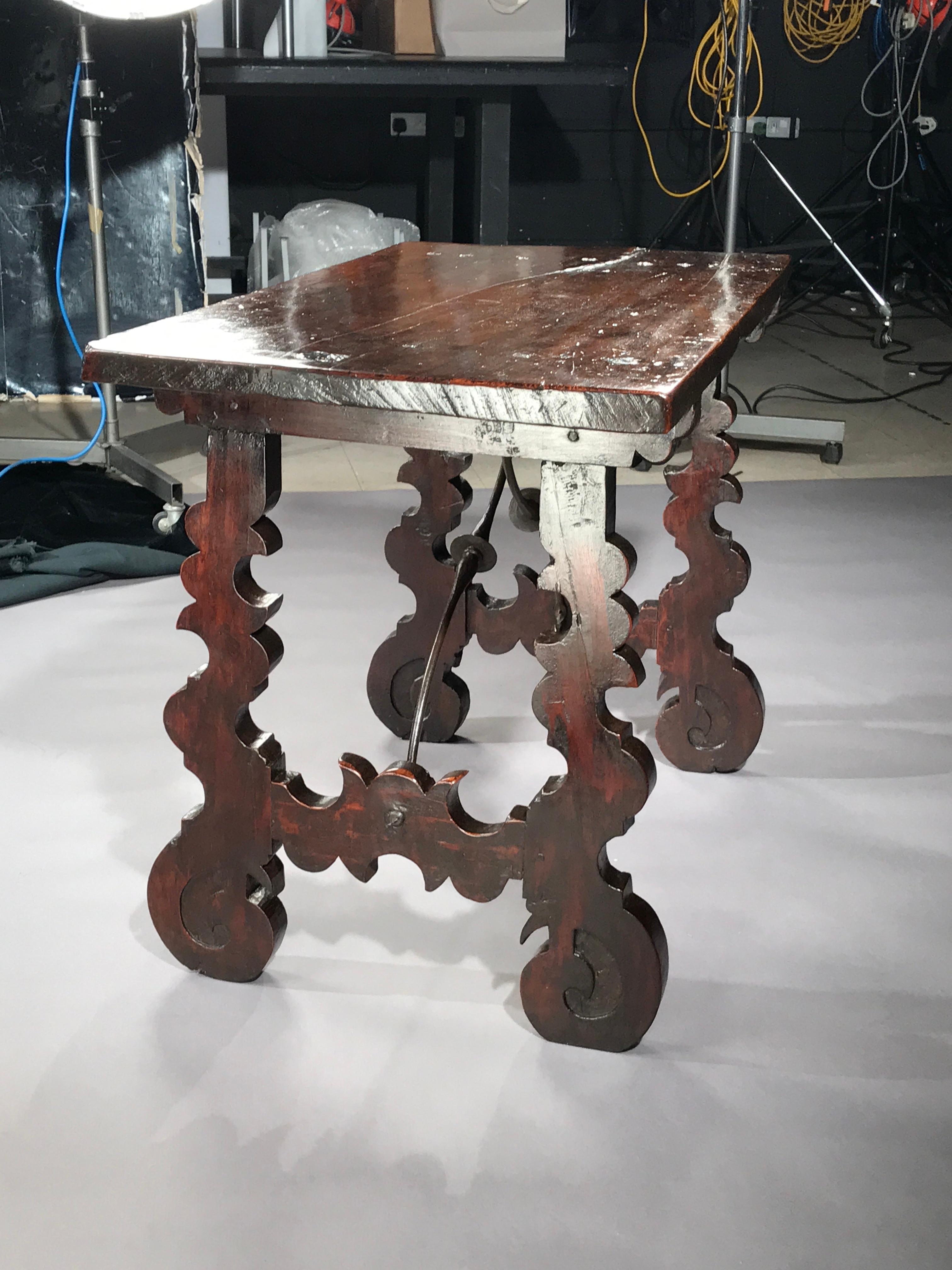 Table Spanish Walnut One Piece Top Baroque Ironwork Narrow Foils Lyre In Good Condition In BUNGAY, SUFFOLK