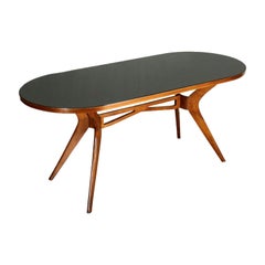 Table Stained Beech Glass Top Vintage, Italy, 1950s-1960s