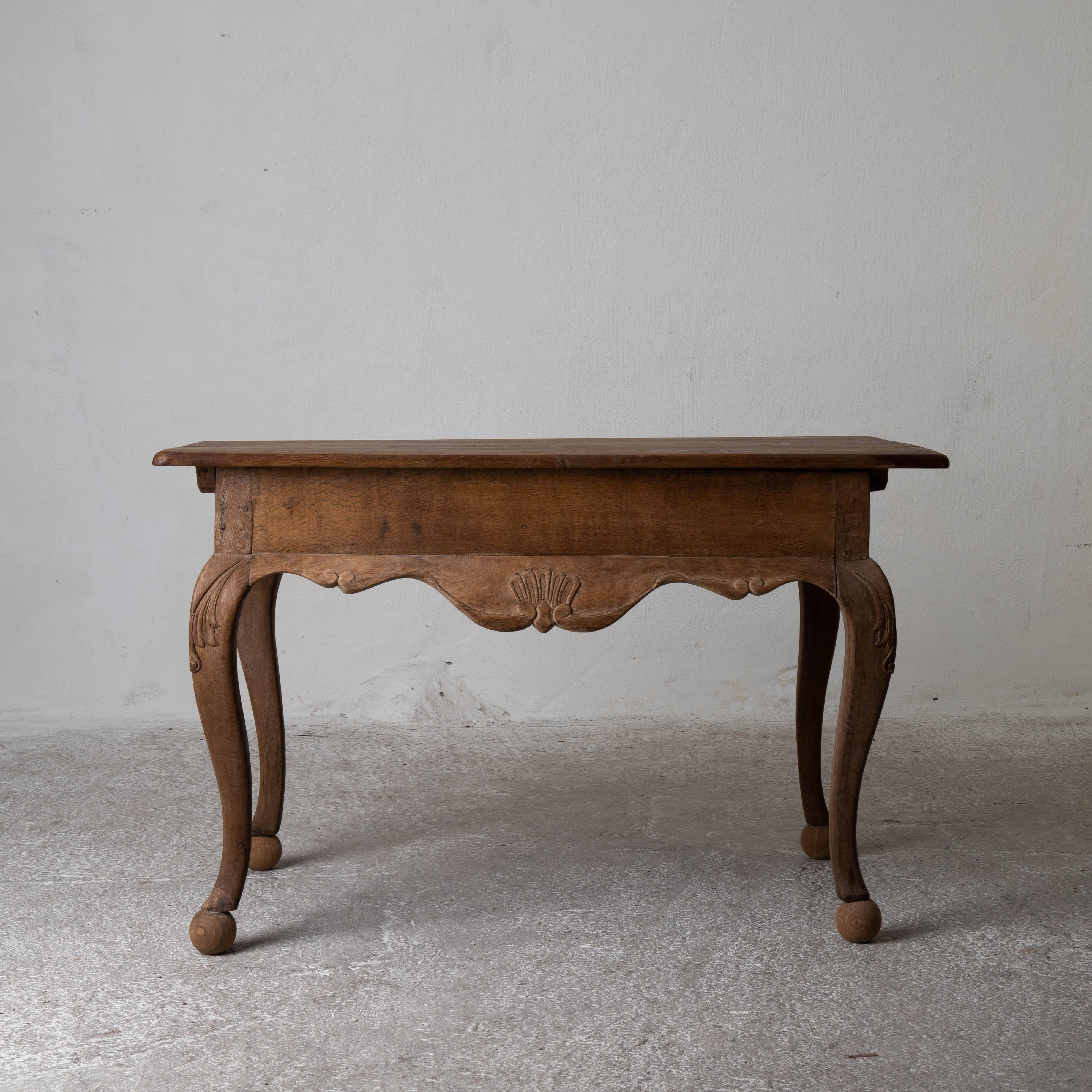 Table Swedish Rococo Period 1750-1775 Raw Finish Sweden. A table made during the Rococo period 1750-1775 in Sweden. A raw finish. Decorated with shell shaped carvings, S shaped legs and ball (new) feet.