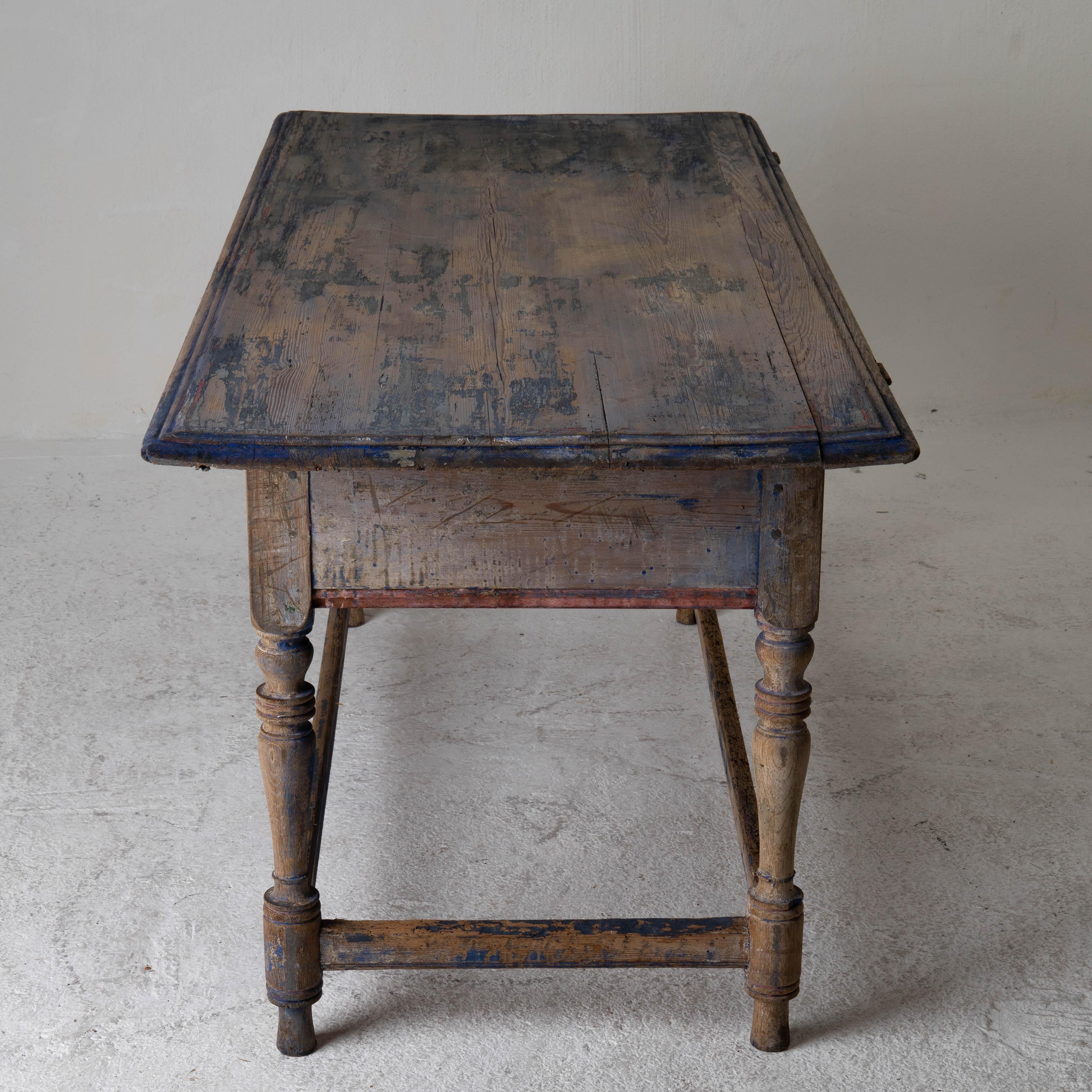 Table Swedish Rustic 19th Century Blue Red Original Paint Wood, Sweden 1