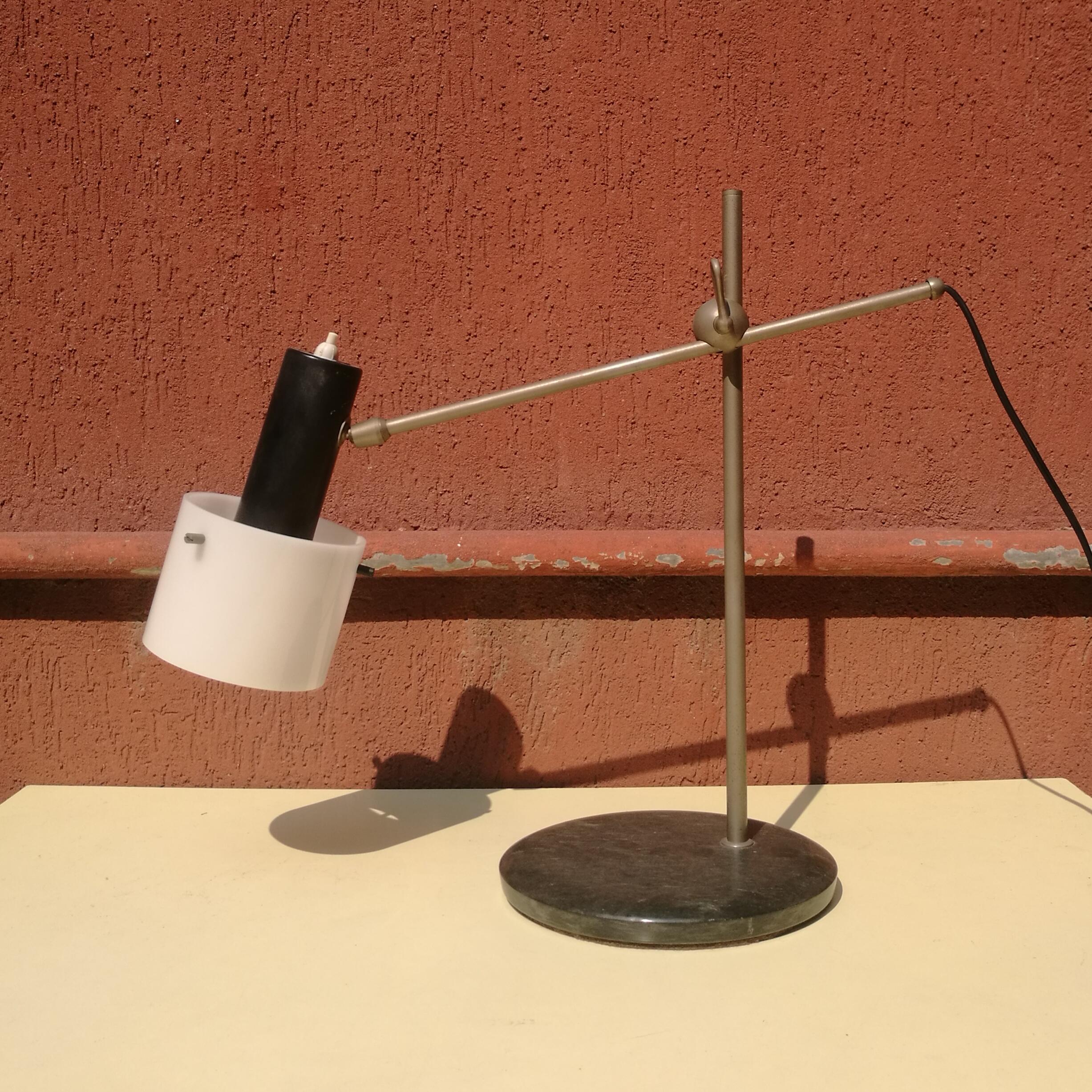 Minimalist Table Lamp in Steel, with Plexiglass White and Marble Base, 1950s