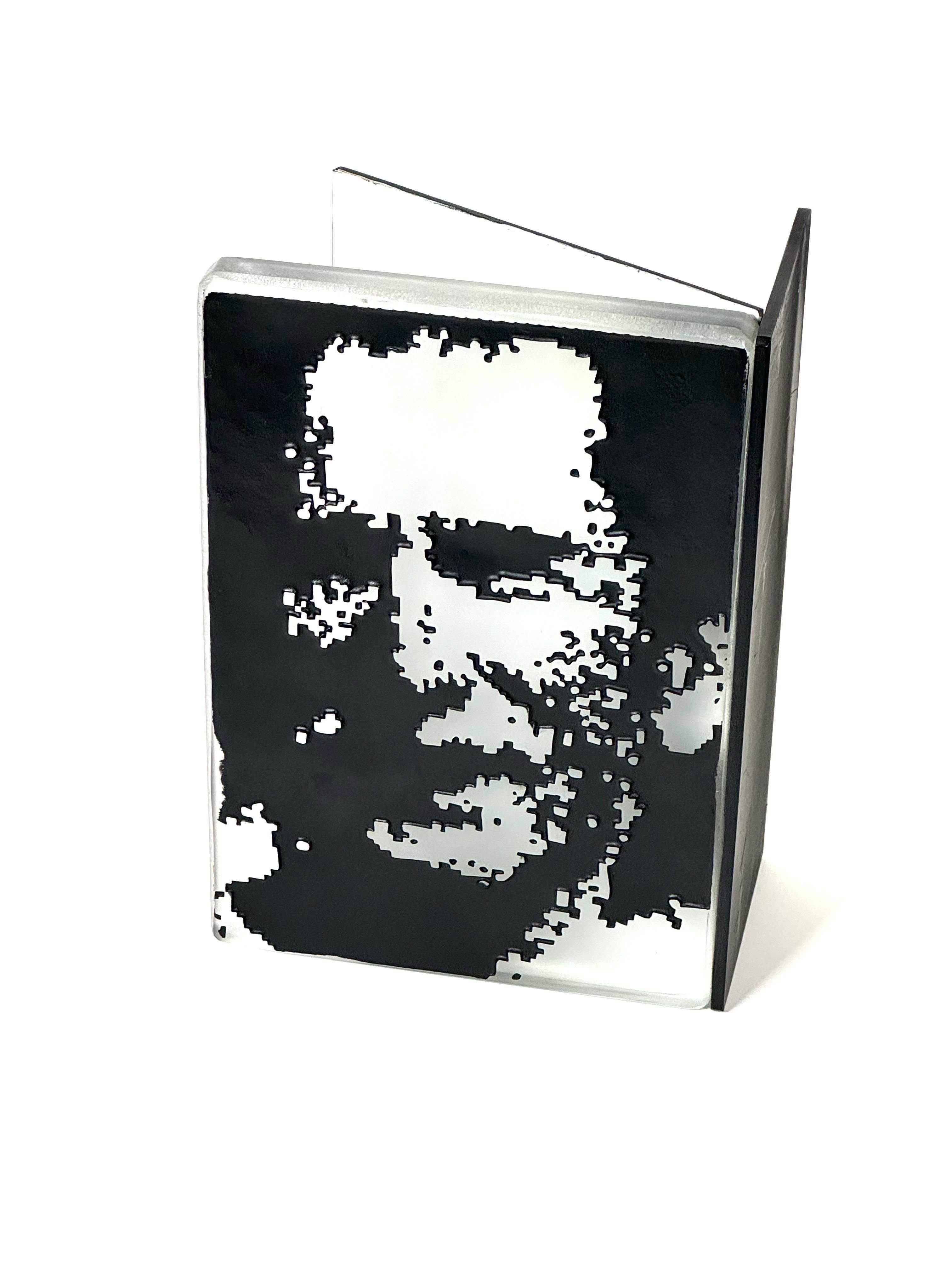 Abstract portrait rendered in welded steel and molded glass. Created in 2009 and signed by the artist. The sculpture has separate panel painted white to reflect light into the molded glass and the create a netural background. The image is a