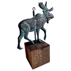 Table Top Copper Weather Vane Moose Sculpture on Wood Base