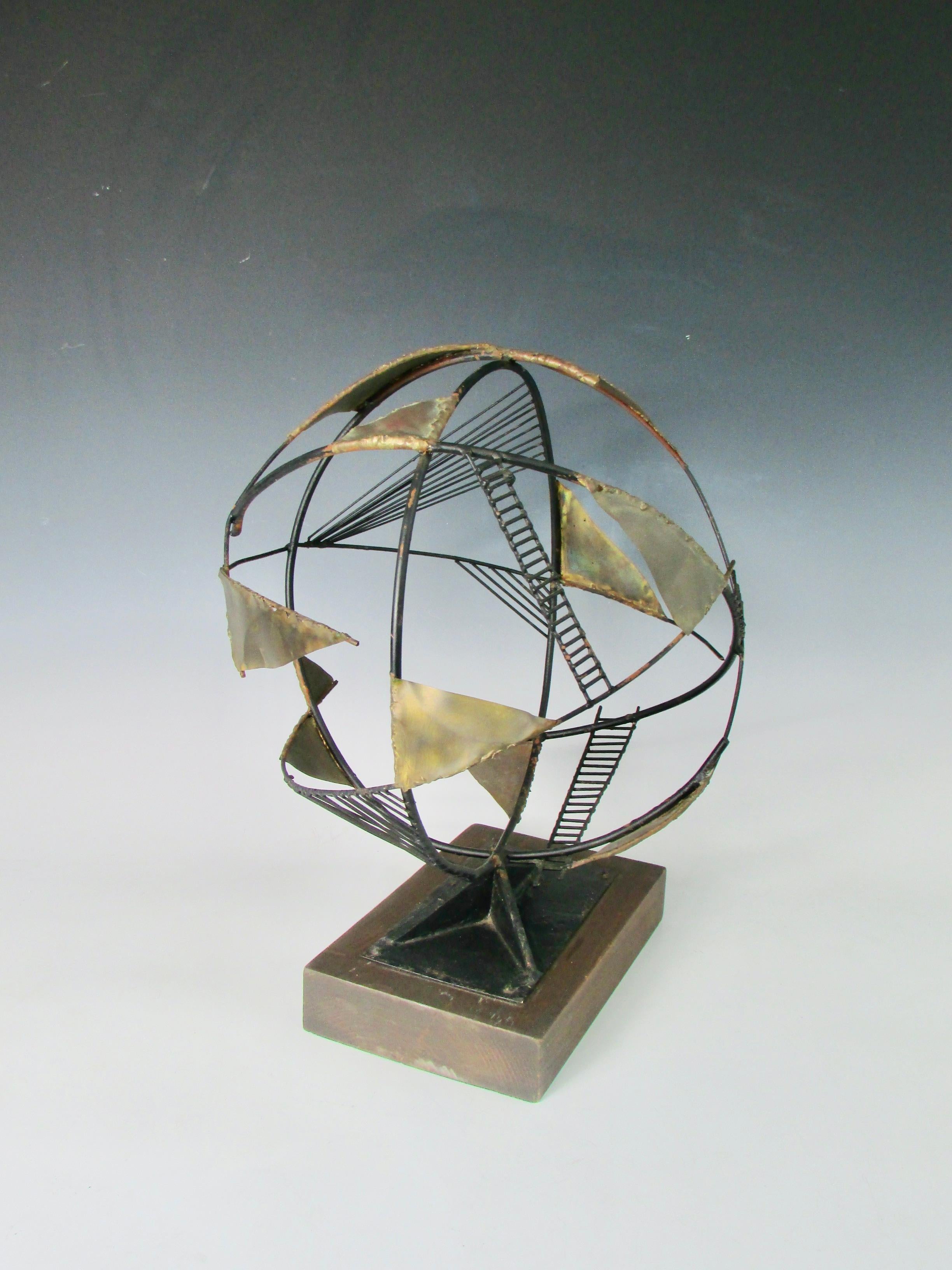 Table Top Torch Cut and Welded Brutalist Skeleton Sphere Sculpture In Good Condition For Sale In Ferndale, MI