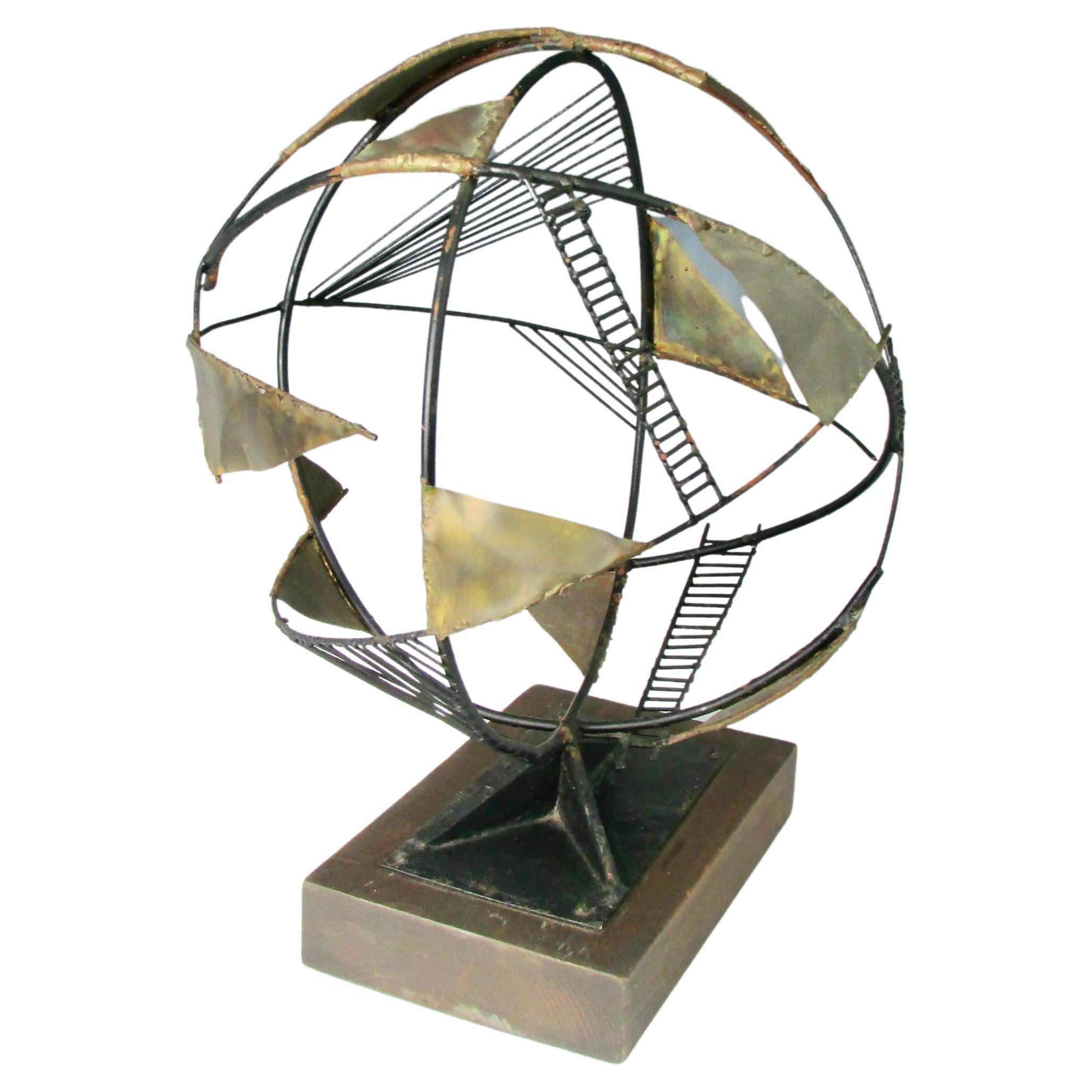 Table Top Torch Cut and Welded Brutalist Skeleton Sphere Sculpture For Sale